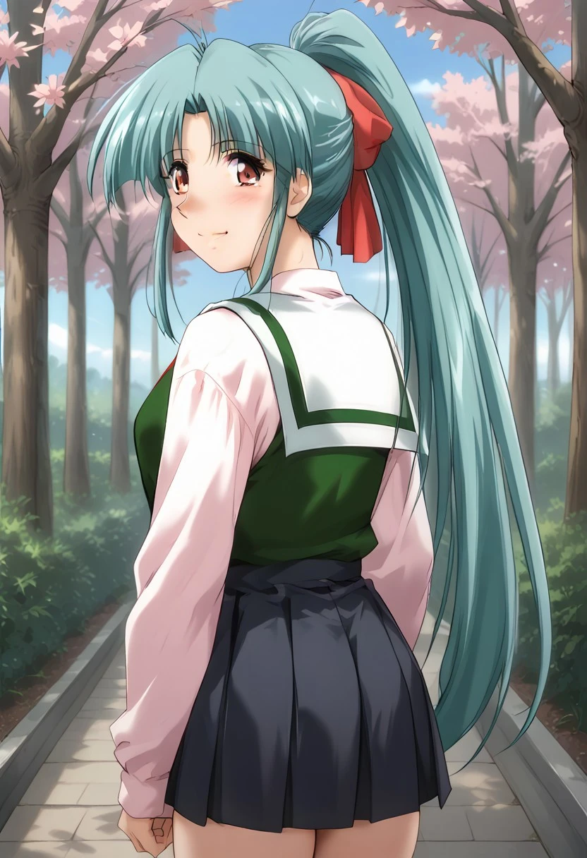 Anime girl with blue hair and green dress standing in a park - SeaArt AI