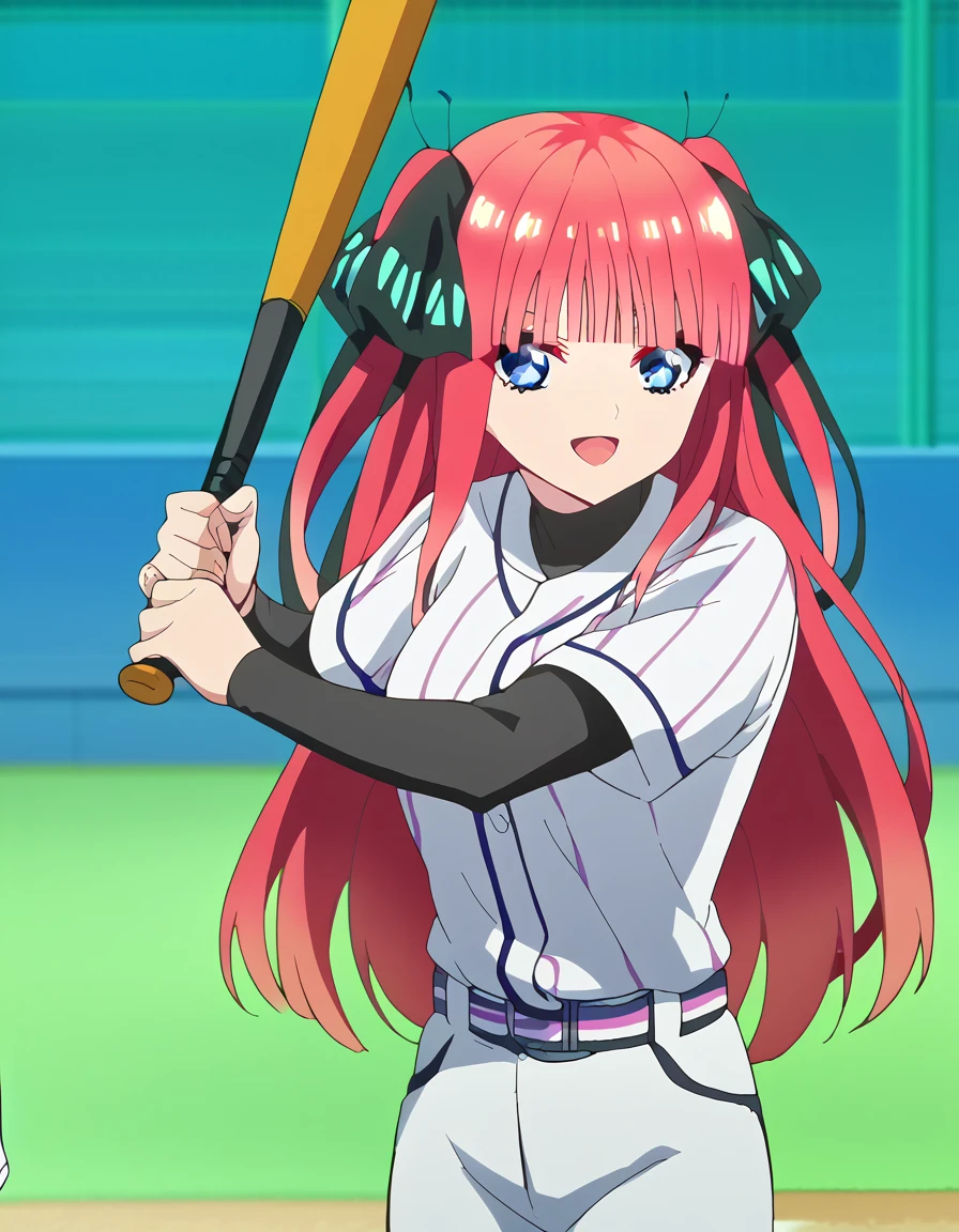 score_9, score_8_up, score_7_up, source_anime, <lora:nnakano-s2-ponyxl-lora-nochekaiser:1>, long hair, bangs, blue eyes, hair ornament, hair ribbon, pink hair, blunt bangs, two side up, butterfly hair ornament, large breasts, anime screencap, <lora:batting-stance-ponyxl-lora-nochekaiser:1>, batting stance, looking at viewer, smile, open mouth, baseball bat, holding baseball bat, <lora:baseball-uniform-ponyxl-lora-nochekaiser:1> baseball uniform, baseball, striped belt, shirt under shirt, sportswear, ribbed shirt, baseball helmet, baseball bat, baseball jersey, baseball field,,