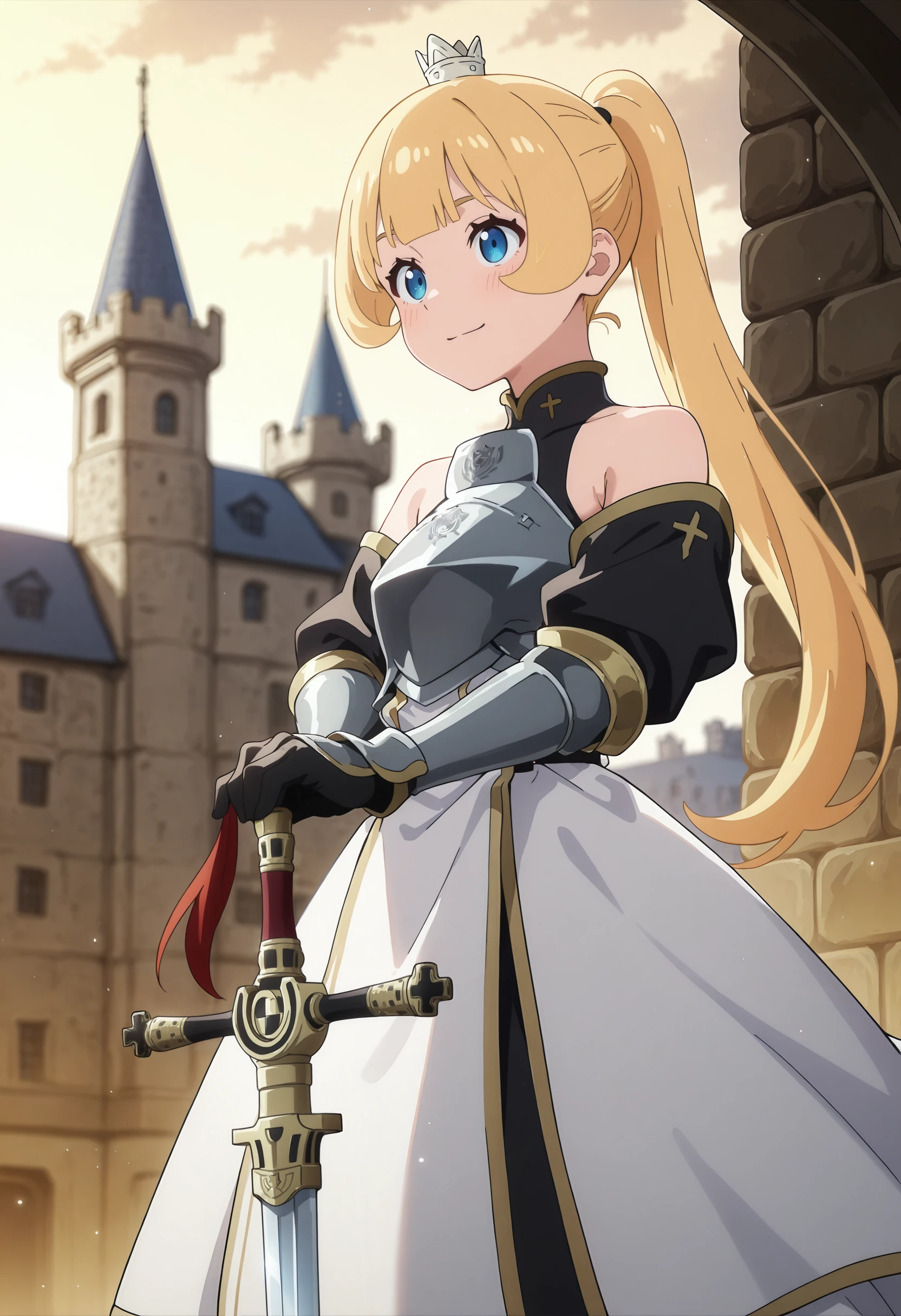 perfect quality, high quality, masterpiece, absolutely eye-catching BREAK
<lora:Hime-sama_Goumon_no_Jikan_desu_-_Hime:1> HimesamaHime, blue eyes, long hair, blunt bangs, sidelocks, blonde hair BREAK
mini crown, high ponytail, himearmor, exsword, holding sword, hands on hilt BREAK
castle, outdoors, light particles, light smile, cowboy shot, dutch angle