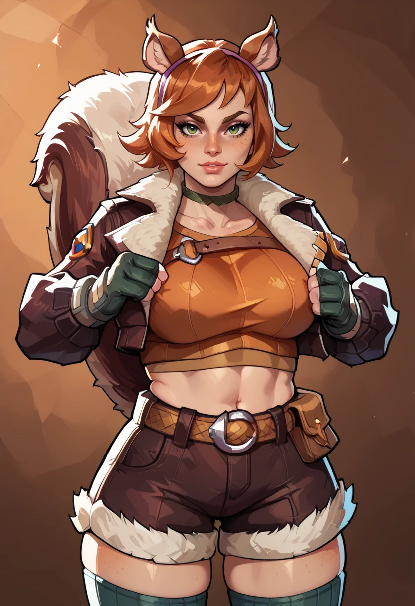 ((score_9, score_8_up, score_7_up, score_6_up, score_5_up, score_4_up)), BREAK, ((source_Western_Comics)), BREAK, ((Masterpiece, Best Quality, Highly Detailed, 3/4 shot, Detailed Background)), BREAK, ((Large Breasts, Wide Hips, Big Ass)), BREAK, ((Sexy Pose, Action Pose, Dynamic Pose)), BREAK, ((1girl)), <lora:Marvel_Rivals_-_Squirrel_Girl:1> squirrel girl, squirrel ears, large squirrel tail, short hair, red hair, ((freckles:1)), green eyes, cropped jacket, fur trim, finger-less gloves, midriff, shorts, thigh-highs,