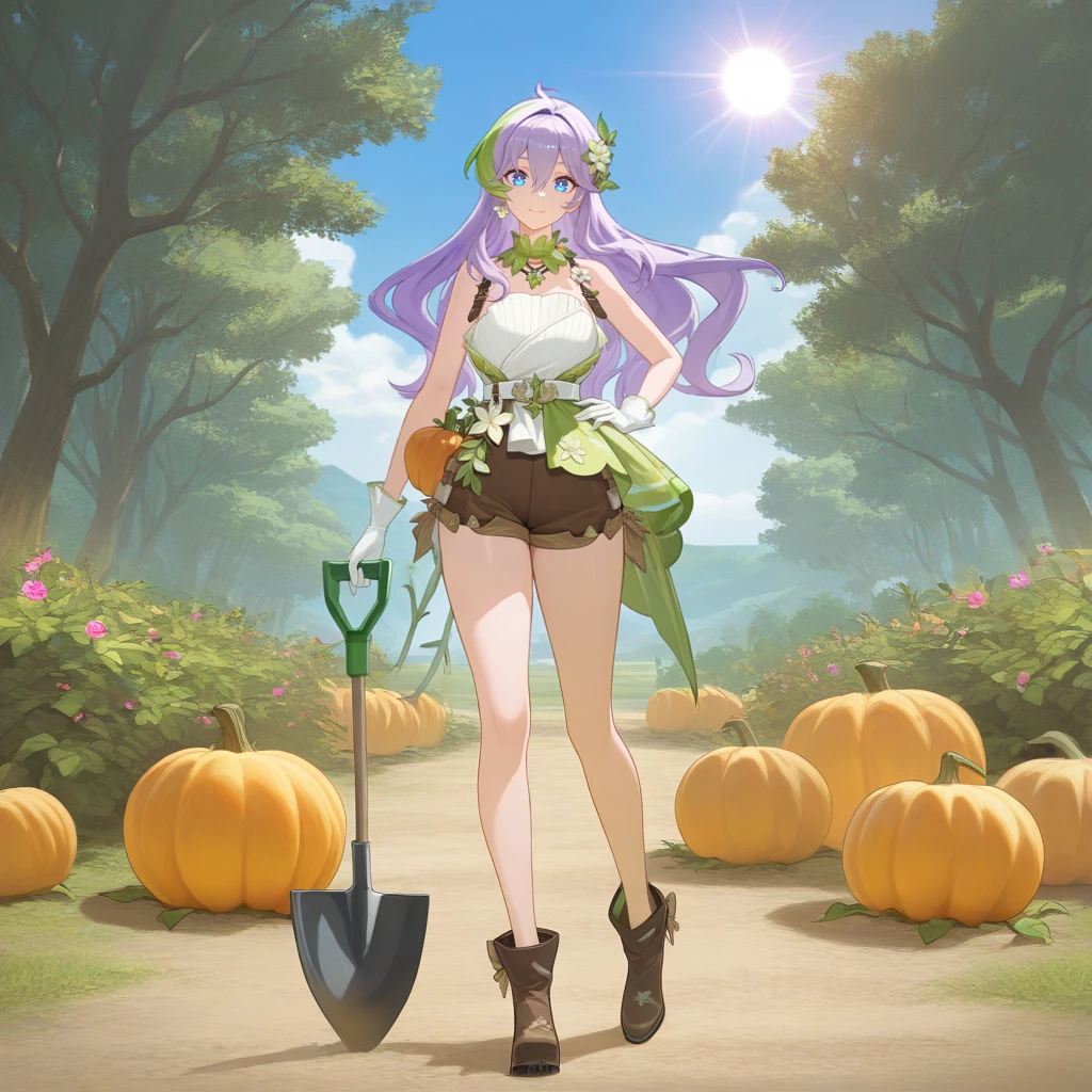 masterpiece, best quality, ultra-detailed, very aesthetic, detailed background, year 2023, very aesthetic, newest, scenery, highres, 4k, absurdres, 8k, colorful,vibrant, glowing, perfect face, 2d, perfect eyes, detailed eyes, 1girl, solo, farm, ranch, standing, hand on hip, holding shovel, excited confident smile, closed mouth, looking at viewer, massive carrots, massive cabbages, vegetables, vines, detailed background, day, sun, sky, clouds, full body, planted shovel into ground,  alt brown footwear, alt ankle boots, foreshortening, from front, posing,                                                                                                                                    flowers, garden, trees, bushes, pumpkins, Kanami, Fol002,  Kan_Grd, purple hair, blue eyes, streaked hair, green hair, long hair, halter dress, multicolored dress, green dress, white dress, vines, alternate halterneck, detached collar, shoulder straps, alt white gloves, brown shorts, puffy shorts, white belt, alternate hair ornament, necklace, masterpiece, best quality, ultra-detailed, very aesthetic, newest, scenery, absurdres, perfect anatomy, perfect legs, perfect face, perfect eyes, mature body, clear eyes, beautiful eyes,


