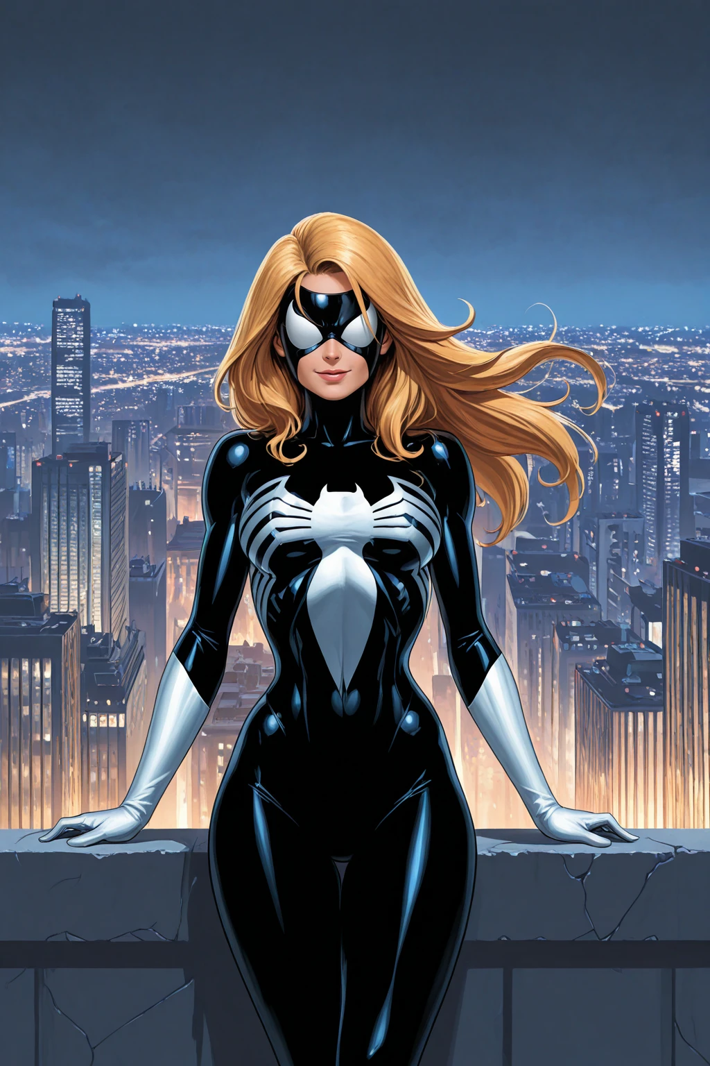 masterpiece, good quality, best quality, very awa, very as2, absurdres, highres,
<lora:Spider WomanilluLoRA:1>spderwman, long hair, bodysuit, skin tight, (mask), standing on the edge of a high building, city lights in background, smile
<lora:80FantasyStyleilluLYCO:1> fantastyle, cowboy shot