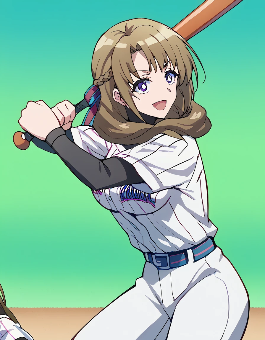 score_9, score_8_up, score_7_up, source_anime, <lora:mamako-oosuki-s1-ponyxl-lora-nochekaiser:1>, mamako oosuki, long hair, brown hair, purple eyes, hair ribbon, braid, bright pupils, french braid, white pupils, large breasts,, <lora:batting-stance-ponyxl-lora-nochekaiser:1>, batting stance, looking at viewer, smile, open mouth, baseball bat, holding baseball bat, <lora:baseball-uniform-ponyxl-lora-nochekaiser:1> baseball uniform, baseball, striped belt, shirt under shirt, sportswear, ribbed shirt, baseball helmet, baseball bat, baseball jersey, baseball field,,