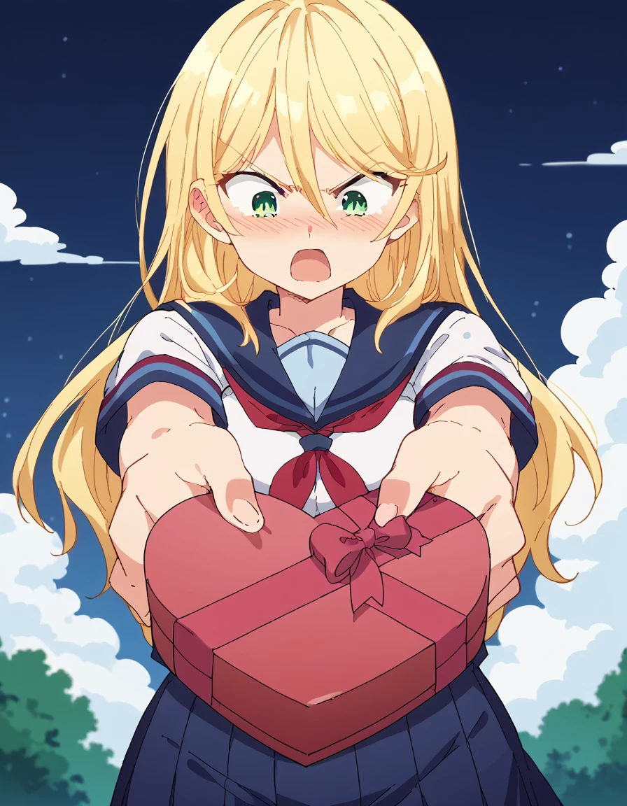 score_9, score_8_up, score_7_up, source_anime, <lora:sharon-holygrail-s1-ponyxl-lora-nochekaiser:1>, sharon holygrail, long hair, blonde hair, hair between eyes, green eyes, large breasts, anime screencap, <lora:heart-shaped-box-ponyxl-lora-nochekaiser:1>, heart-shaped box, holding, box, gift, valentine, incoming gift, closed eyes, blush, open mouth, outstretched arms, outdoors, night sky, clouds, shouting, classroom, serafuku, school uniform, white shirt, blue sailor collar, blue skirt, pleated skirt, short sleeves, neckerchief, red neckerchief,