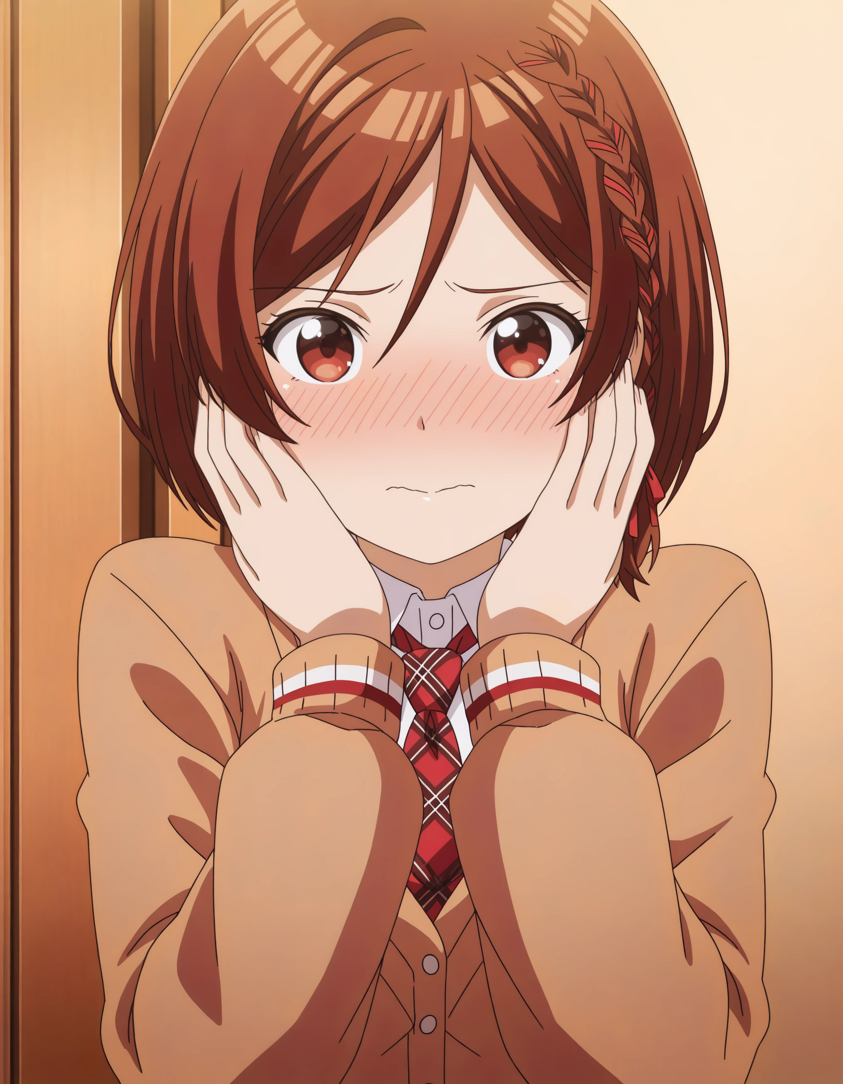 1girl, brown eyes, akanesak, curvy, short brown hair, looking_at_viewer, blush, short_hair, brown_hair, red_eyes, bow, school_uniform, jacket, upper_body, braid, bowtie, plaid, embarrassed, blazer, cardigan, hands_on_own_face,
hdr, low contrast, masterpiece, best quality, absurdres, highres, perfect anatomy, anime style, anime screenshot, 8k wallpaper, ultra high quality, extremely detailed cg, perfect lighting, (sharp image)