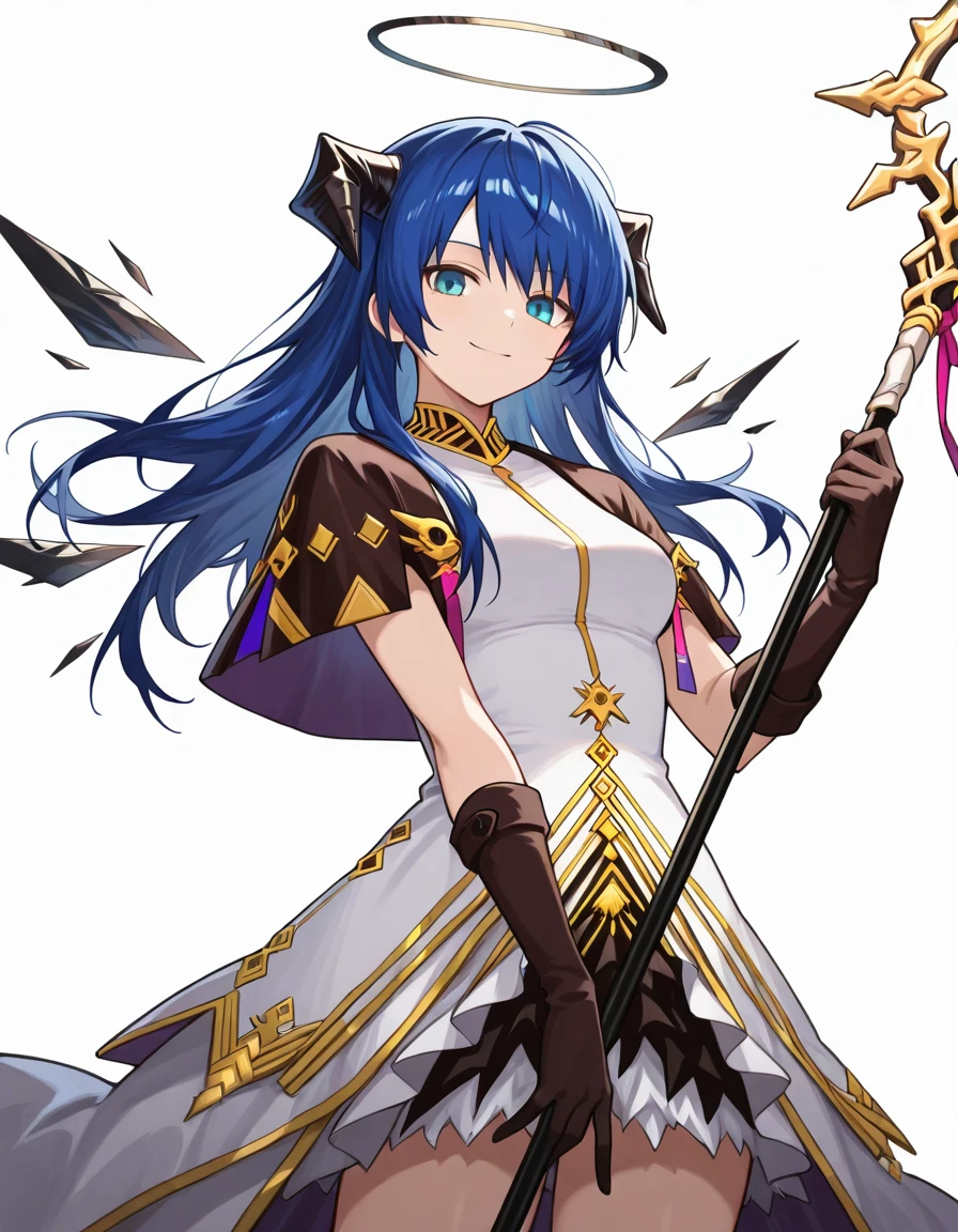 Volumetric Lighting, (masterpiece), (best quality), (ultra-detailed), masterpiece, source_anime, score_9, score_8_up, score_7_up BREAK, illustration, disheveled hair, detailed eyes, perfect composition, moist skin, intricate details BREAK, light depth, detailed face, detailed fingers, BREAK, mostima (arknights), long hair, blue hair, blue eyes, mosti horns, sankta wings, detached wings, mosti halo, black halo BREAK, spellbreaker,SB dress, SB capelet, SB skirt, SB gloves,elbow gloves, thighs BREAK, ((white background00, looking at viewer, smile, holding staff, from above