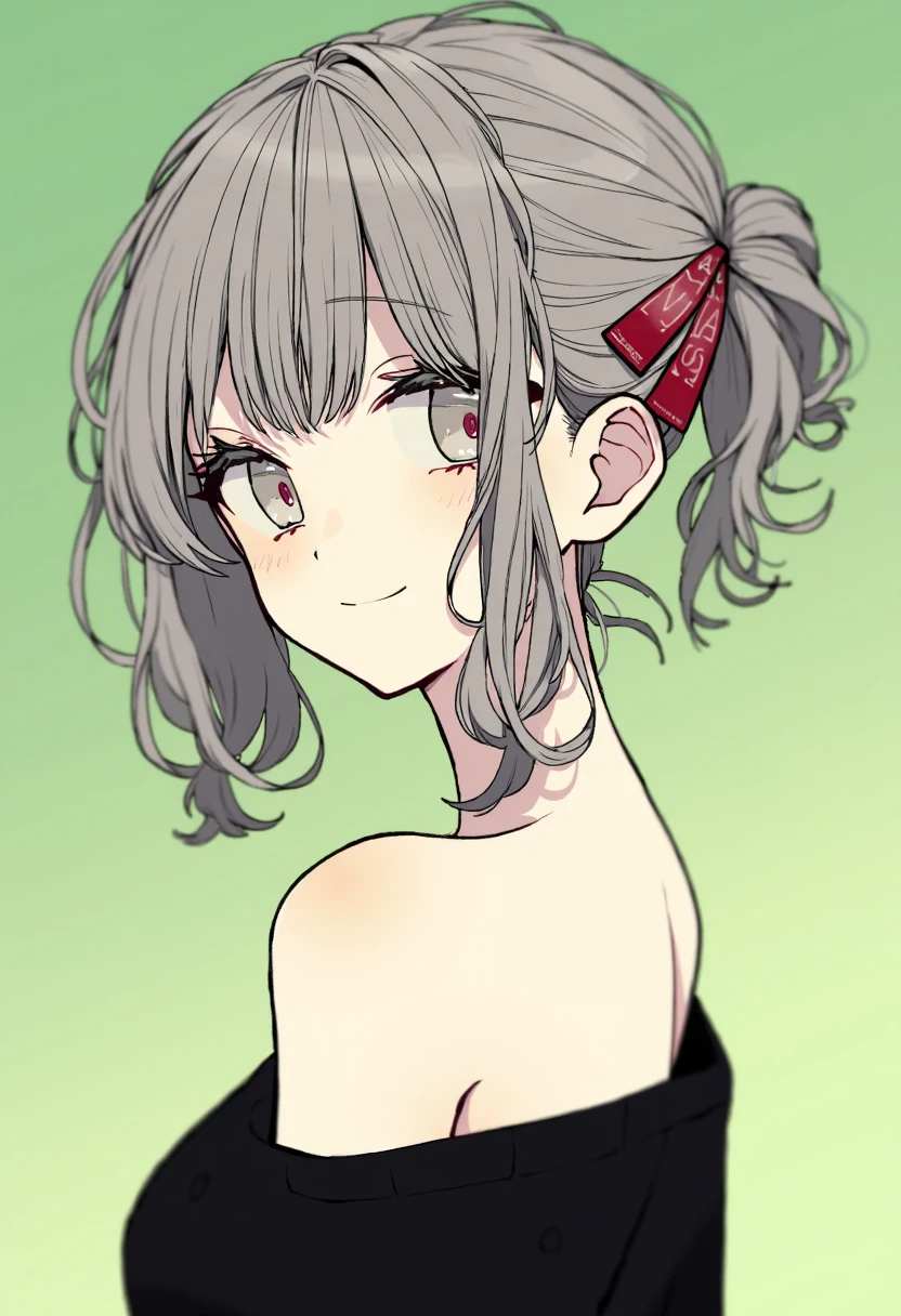 clean soft color digital illustration of anime girl with a slender build and fair skin. She has shoulder-length, wavy, silver hair adorned with a red hair clip on the right side, which matches the red accents on her outfit. Her hair is styled in a loose ponytail with a few strands framing her face. She has a delicate, oval face with large, expressive eyes and a subtle, confident smile. Her makeup is minimal, allowing her natural beauty to shine through. She wears a black, off-the-shoulder top that reveals her slender shoulders and upper arms.
The background is a soft gradient of pastel green, creating a calm, serene atmosphere. The overall style is a blend of anime and manga influences, with a focus on clean lines and a polished finish.