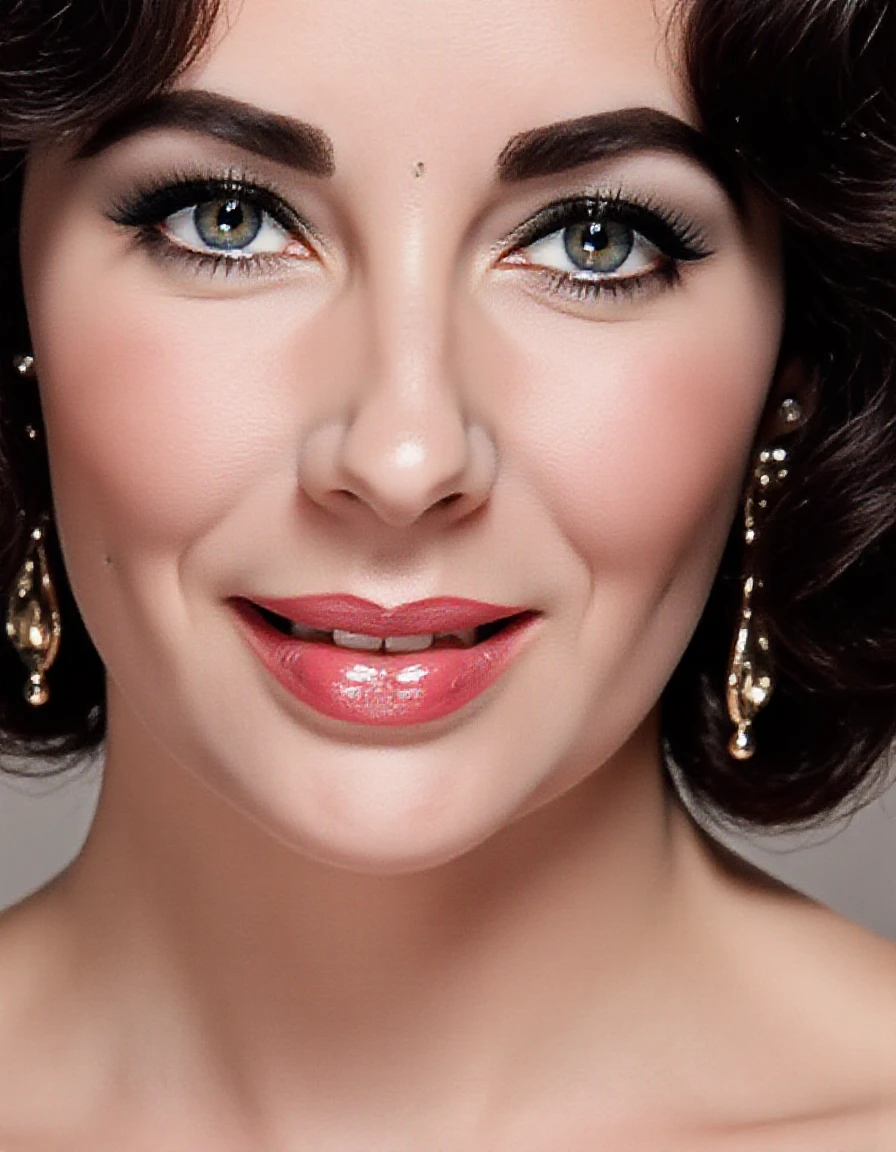 elizabethtaylor violet eyes, smiling broadly, close-up profile, high neckline,
