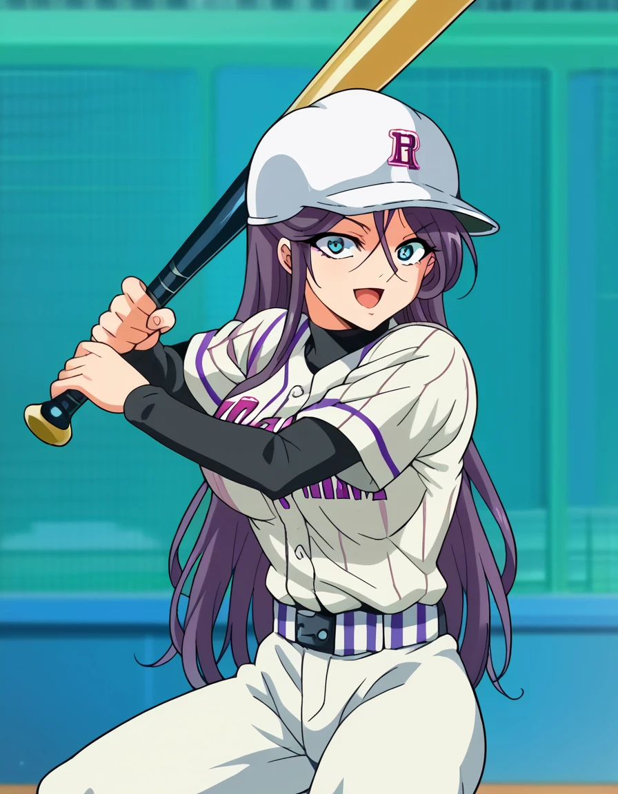 score_9, score_8_up, score_7_up, source_anime, <lora:reika-shichijou-ova-ponyxl-lora-nochekaiser:1>, reika shichijou, long hair, blue eyes, large breasts, purple hair, anime screencap, <lora:batting-stance-ponyxl-lora-nochekaiser:1>, batting stance, looking at viewer, smile, open mouth, baseball bat, holding baseball bat, <lora:baseball-uniform-ponyxl-lora-nochekaiser:1> baseball uniform, baseball, striped belt, shirt under shirt, sportswear, ribbed shirt, baseball helmet, baseball bat, baseball jersey, baseball field,,