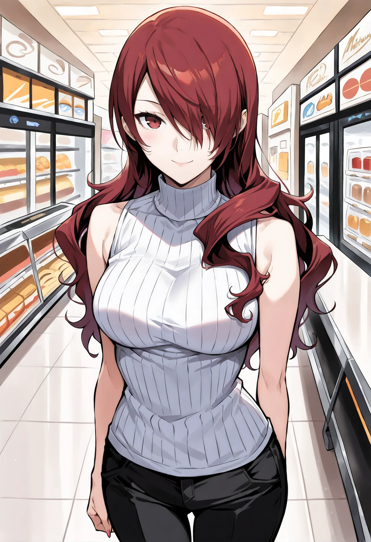 1 girls, Gray apron, Long hair, Beautiful face, Big breasts, high-detail