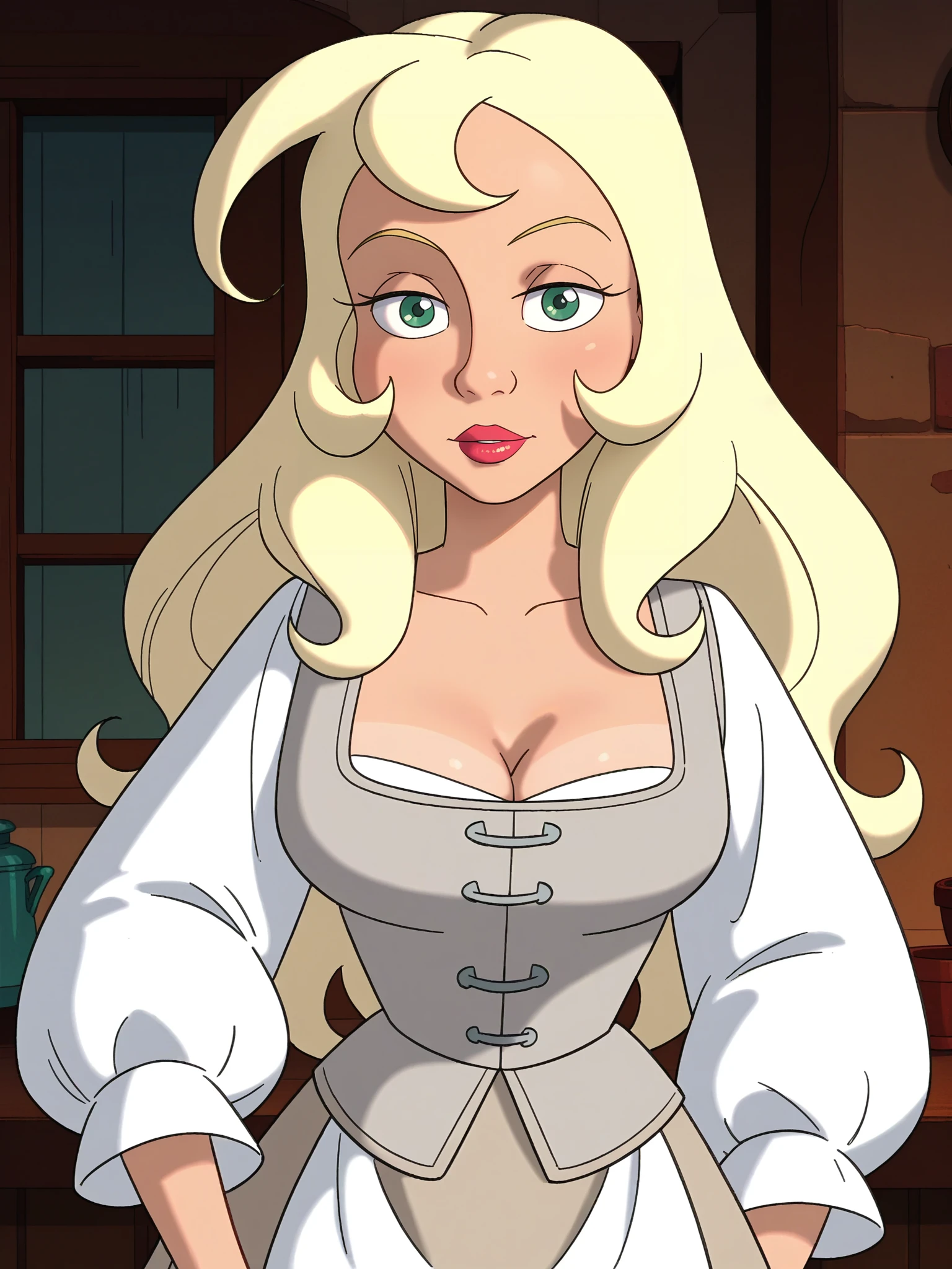 score_9, score_8_up, score_7_up, score_6_up,
<lora:Snow_White_-_Simsala_Grimm_-_Snow_White_and_Red_Rose:1> swhite-simgrim, 1girl, solo, blonde hair, long hair, green eyes, lipstick, tan skirt, apron, white shirt, puffy sleeves, grey corset, medium breasts, cleavage