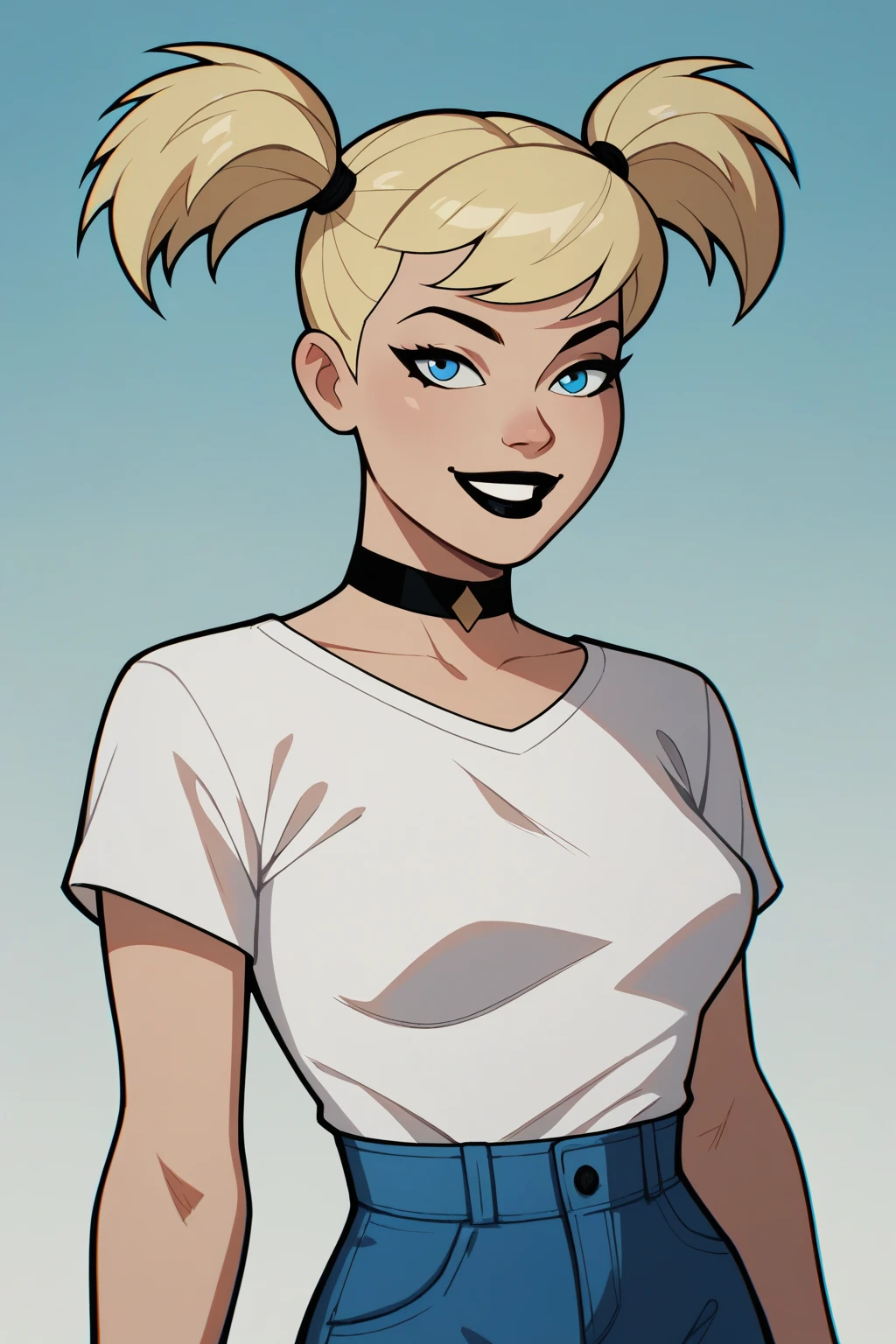 score_9, score_8_up, score_7_up,Harleybtas,1girl,solo,twintails,short hair,blonde hair,blue eyes,choker,black lips,medium breast,white shirt,smile,blue pants