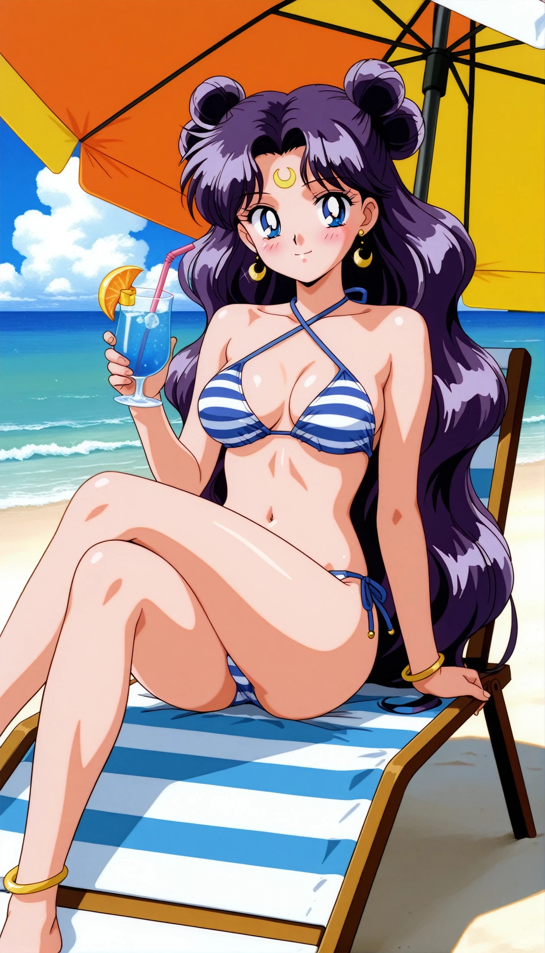 masterpiece,best quality,amazing quality,lunaill,1990s (style),1girl,long hair,solo,crescent facial mark,crescent,facial mark,blue eyes,hair bun,very long hair,purple hair,double bun,parted bangs,swimsuit,bikini,breasts,smile,jewelry,striped bikini,striped,umbrella,crossed legs,barefoot,flower,looking at viewer,day,sitting,medium breasts,anklet,outdoors,earrings,cup,tropical drink,beach,sky,bracelet,beach umbrella,ocean,criss-cross halter,drinking straw,drinking glass,chair,blush,<lora:lunaill:0.8>,