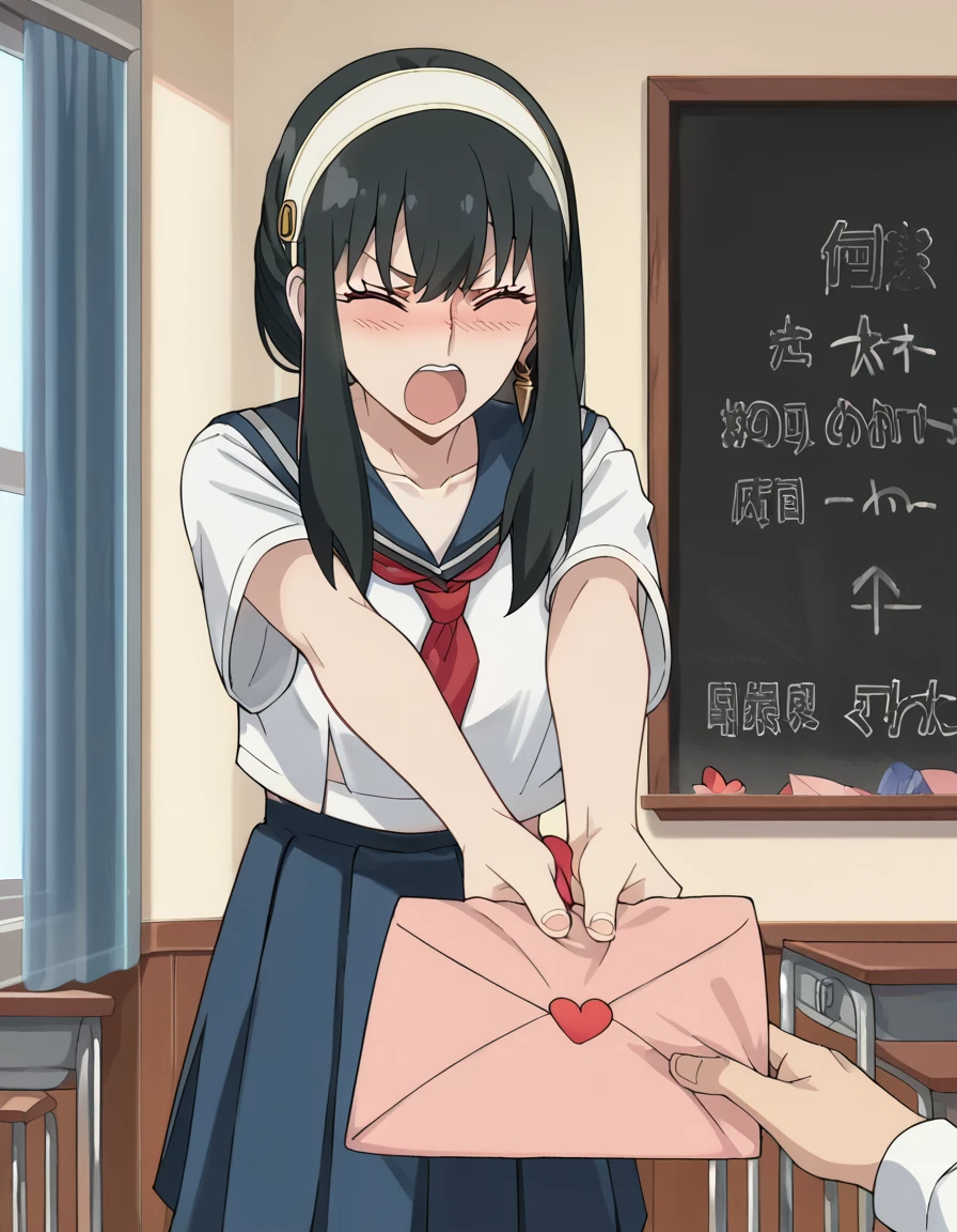 score_9, score_8_up, score_7_up, source_anime, <lora:yor-briar-s1-ponyxl-lora-nochekaiser:1>, yor briar, black hair, red eyes, earrings, white hairband, hairband, long hair, sidelocks, large breasts, anime screencap, <lora:love-letter-ponyxl-lora-nochekaiser:1>, love letter, heart, valentine, letter, confession, incoming gift, outstretched arms, closed eyes, shouting, classroom, serafuku, school uniform, white shirt, blue sailor collar, blue skirt, pleated skirt, short sleeves, neckerchief, red neckerchief,