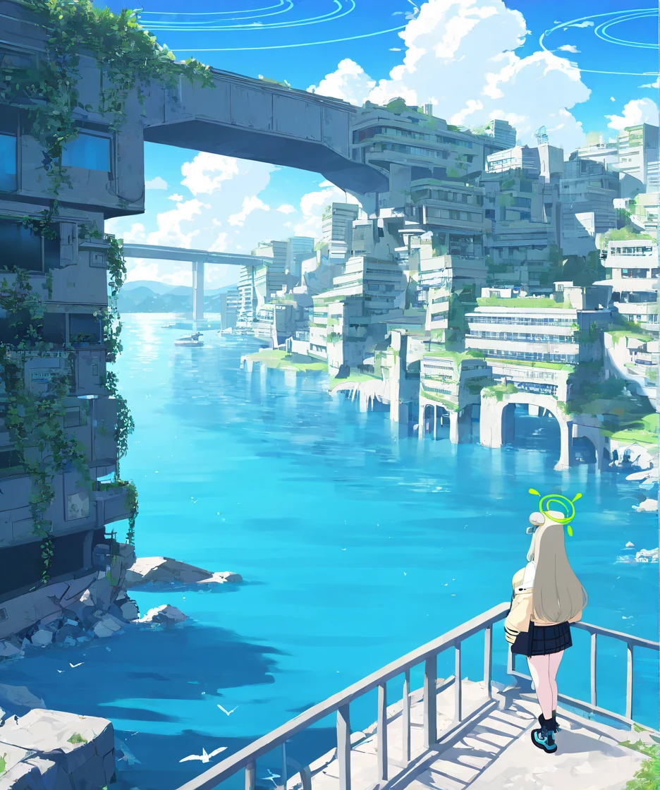 1girl,nonomi \(blue archive\),post-apocalypse,ivy,beach, bird, blue sky, boat, bridge, building, city, cloud, cloudy sky, day, facing away, from behind, horizon, lake, mountain, mountainous horizon, ocean, outdoors, railing, river, road, scenery,,masterpiece, best quality, very aesthetic, absurdres, <lora:Submerged ruins-NAI:0.8>,