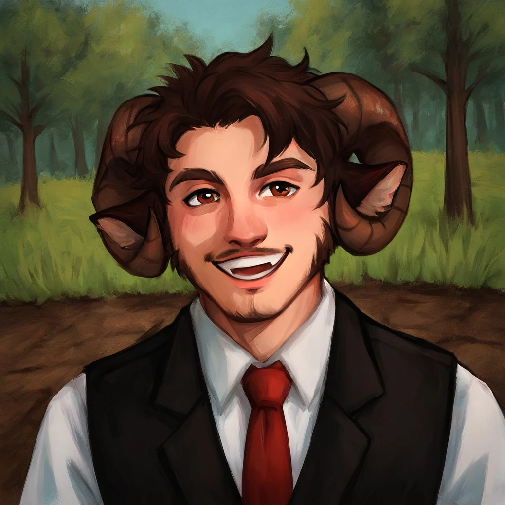 jschlatt[Character], Jay[Character], Schlatt[Character], brown eyebrows, eyebrows, facial hair, brown hair, long fringe, long bangs, goat ears, goat horns, horns, brown horns, brown facial hair, goat nose, pale skin, red eyes, brown ears, graying hair, graying, human, human only,  (male human:1.3). 
Solo, alone, by himself, 1boy, male.
athletic, athletic body, muscles. (athletic body), (white body:1.1),
clothing, clothed, suit, red tie, red necktie, necktie, black suit, black suitvest, vest, white shirt, shirt,  HD, digital painting, digital art, masterpiece.  Headshot, head focus, close to face, closeup, bustshot.  Happy emotion, happy.   outside, forest, trees, woods, grassy floor, grassy, (outside:1.4)  HD, digital painting, digital art, masterpiece ((bust portrait)), digital drawing (artwork), digital media (artwork), hi res. mylafox[STYLE], Art by mylafox, By mylafox, furry, furry art, Cartoony, Cartoon like, realistic style, detailed, shaded, shading,