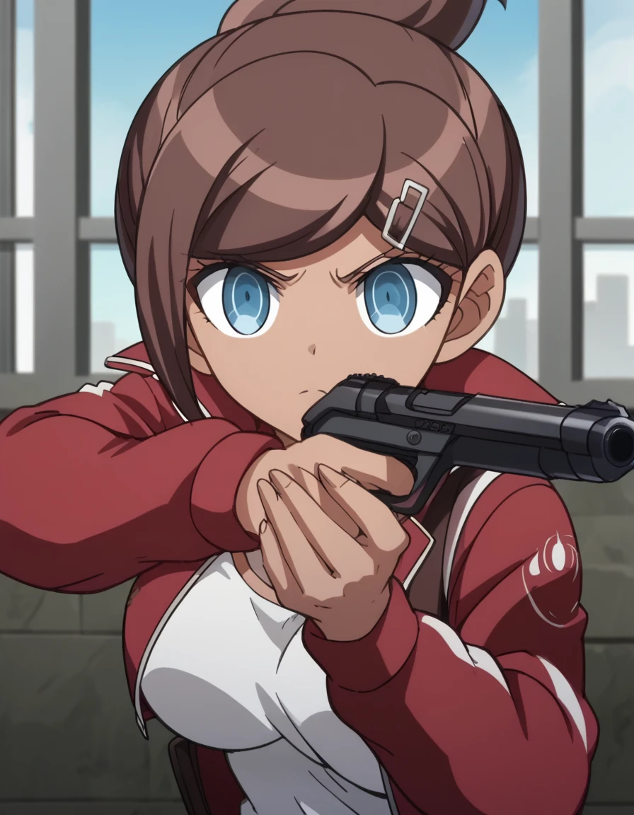 score_9, score_8_up, score_7_up, source_anime, <lora:aoi-asahina-s1-ponyxl-lora-nochekaiser:1>, aoi asahina, short hair, bangs, blue eyes, brown hair, hair ornament, ponytail, hairclip, dark skin, dark-skinned female, large breasts, anime screencap, <lora:center-axis-relock-stance-ponyxl-lora-nochekaiser:1>, center axis relock stance, looking at viewer, holding, closed mouth, weapon, holding weapon, gun, holding gun, handgun, aiming, finger on trigger, aiming at viewer, m1911,, ,