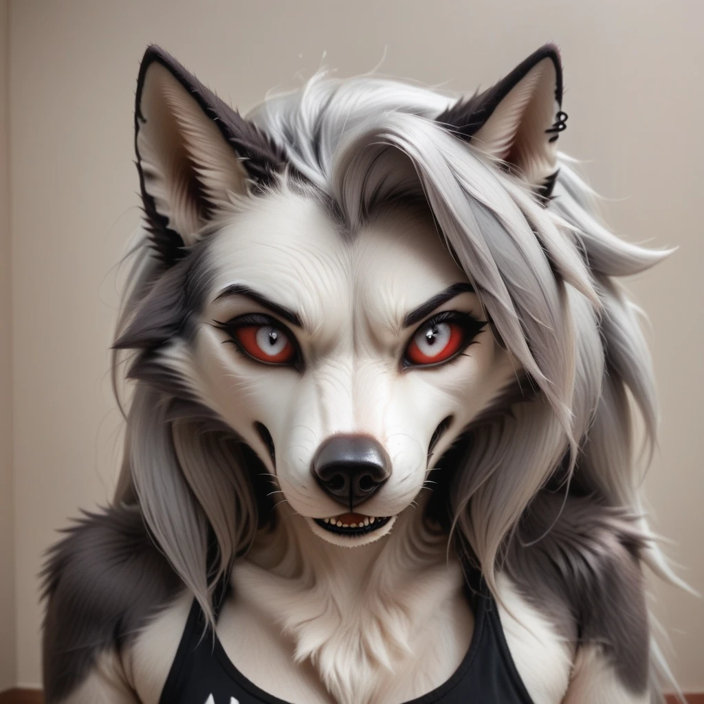 loona, furry, anthro, tail, wolf girl, animal nose, wolf tail, furry, two-tone fur, gray fur, absurd res, sharp focus, detailed skin, detailed hair, extremely detailed, ultra 8k quality, Hyperrealistic, photorealistic, realistic, ultrarealistic, high definition, detailed fur, highres, super high resolution, 8k, high definition eyes, detailed eyes, high gradient eyes, red sclera, white iris, white eyes, sharp focus, sharp details, medium breasts, canine teeth, long hair, bangs,
