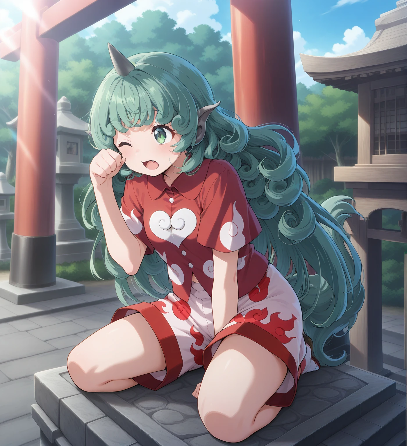 absurdres, highres, masterpiece, best quality, amazing quality, official anime artwork, screencap, anime screencap, outdoors, dynamic pose,
<lora:Aunn-Komano_Illustrious:1> komano aunn, 1girl, solo, green eyes, green hair, curly hair, komainu ears, long hair, single horn, tail, fang,, red shirt, red shorts, cloud print,
hand up, one eye closed, open mouth, outdoors, paw pose, seiza, shrine, sitting, stone lantern, torii, tree,