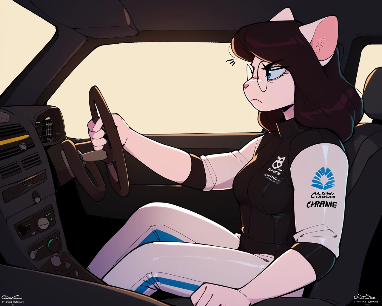 score_9_up, score_8_up, score_7_up, score_6_up, cat, medium breasts, black hair, white body, heterochromia, female, round glasses, logo, mercedes-benz, racing suit, cat tail, solo, neutral expression, determined, looking ahead, side view, head tilt, dr1v3, car interior, motor vehicle, steering wheel, driving, sitting, <lora:Leah_Pines(AIM)_XL_v1:0.15> <lora:PDXL_artist_tags_v2_big:0.5> <lora:The-Minuscule-Task_PDXL_v1.0:0.6> <lora:Mika_Shinohara_Sonokido:0.6> <lora:Driving:1>