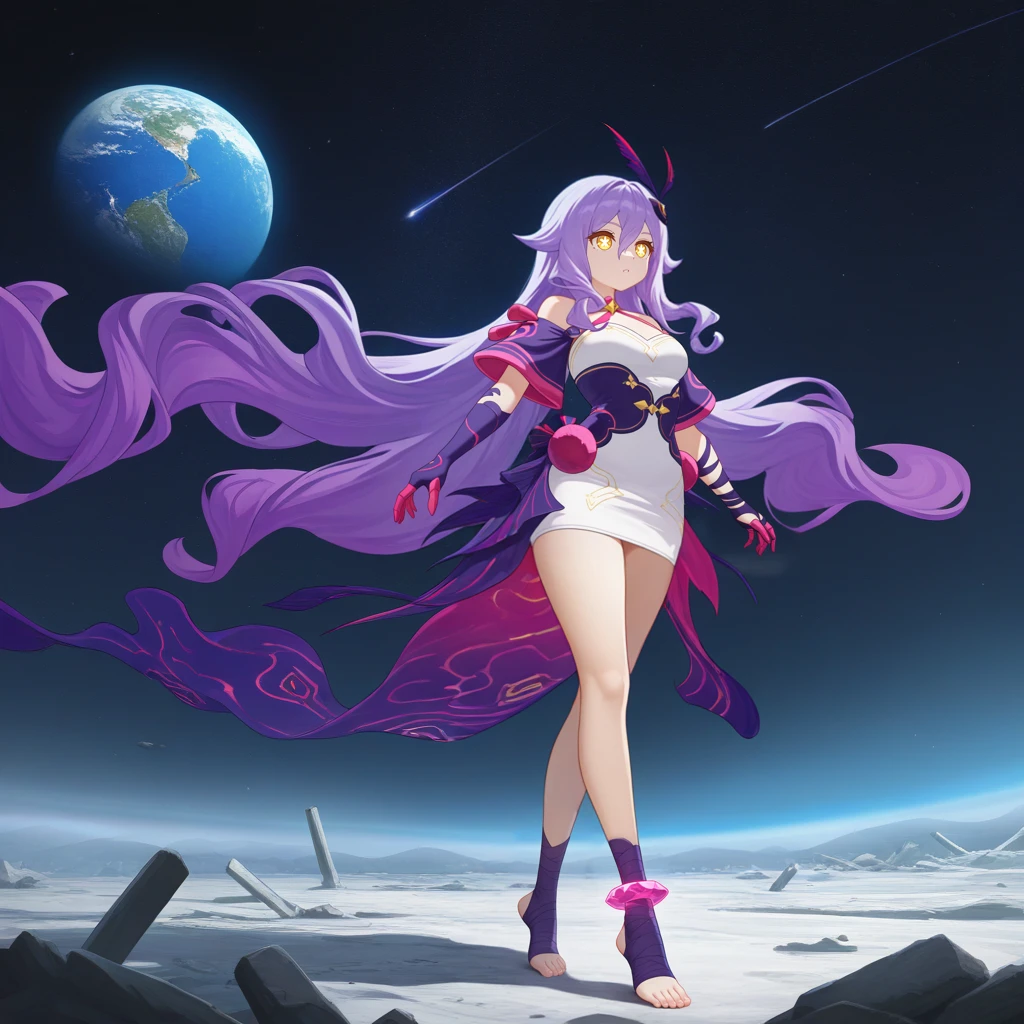 masterpiece, best quality, ultra-detailed, very aesthetic, detailed background, year 2023, very aesthetic, newest, scenery, highres, 4k, absurdres, 8k, colorful,vibrant, glowing, perfect face, 2d, perfect eyes, detailed eyes, 1girl, solo, ancient ruins, debris, mist, fog, ruins, stone bricks, rocks, outdoors, walking, full body, hand on pillar, broken pillar, looking ahead, on moon, Earth planet, space, galaxy, starry sky, moon surface, curious, parted lips, full body, foreshortening, angled shot,
long hair, purple hair, yellow eyes, x-shaped pupils, diamond-shaped pupils, Sirin, Fol002, Srn_Stg, cleavage cutout, purple elbow gloves, single elbow glove, off-shoulder dress, halter dress, purple sleeves, clothing cutout, cleavage, wide sleeves, purple corset, short sleeves, bare shoulders, purple bandages, stirrup legwear, toeless legwear, bandaged arm, criss-cross halter, feather hair ornament, alt white dress, crystal anklet, purple anklet
masterpiece, best quality, ultra-detailed, very aesthetic, newest, scenery, absurdres, perfect anatomy, perfect legs, perfect face, perfect eyes, mature body, clear eyes, beautiful eyes,