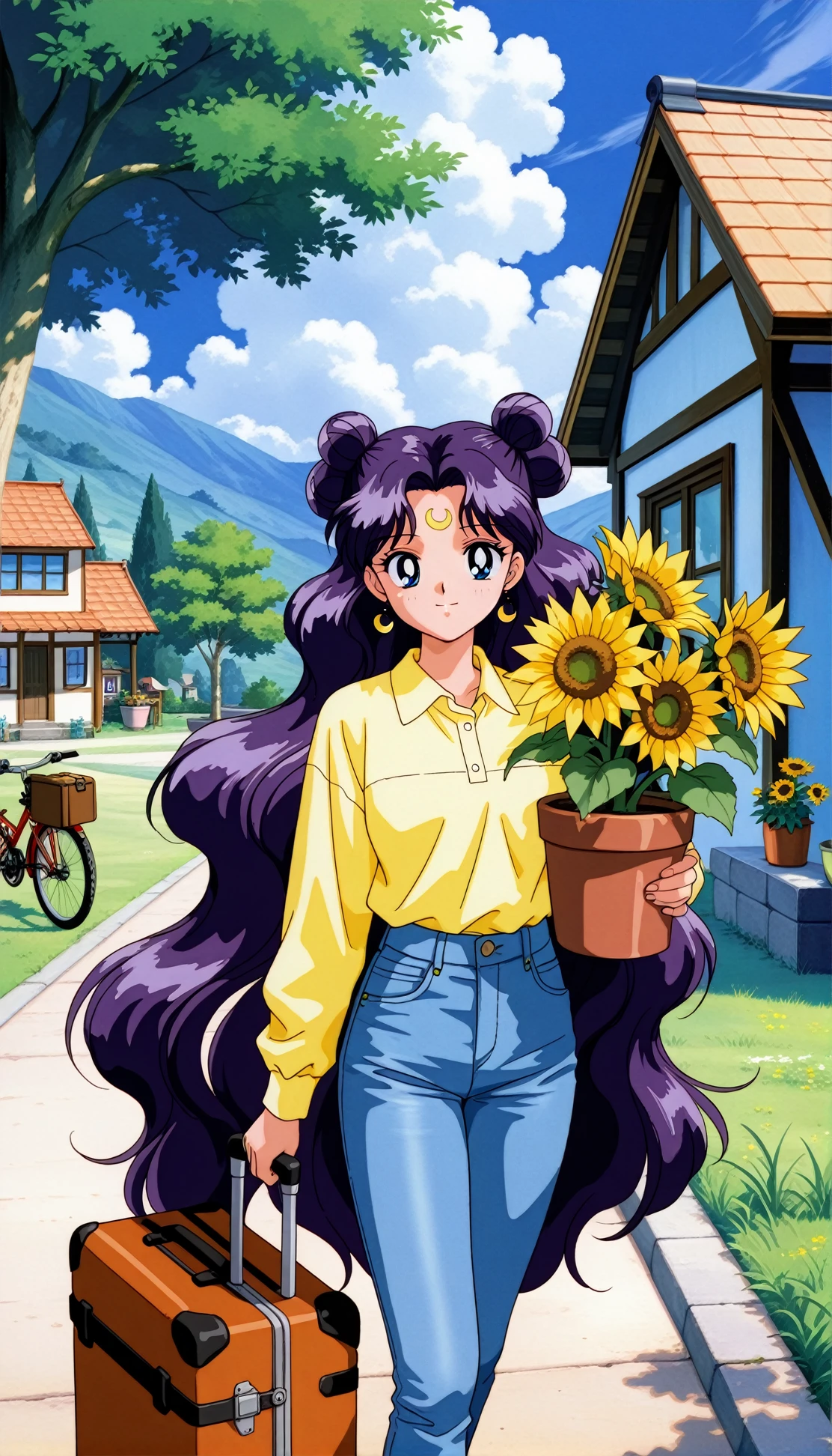 masterpiece,best quality,amazing quality,lunaill,1990s (style),1girl,long hair,solo,crescent facial mark,crescent,facial mark,forehead mark,blue eyes,hair bun,very long hair,purple hair,double bun,parted bangs,outdoors,flower,sky,day,cloud,plant,scenery,house,pants,denim,blue sky,potted plant,smile,bicycle,jeans,building,standing,ground vehicle,yellow shirt,shirt,suitcase,rolling suitcase,looking at viewer,long sleeves,grass,yellow flower,holding,luggage,tree,sunflower,blue pants,cloudy sky,umbrella,flower pot,collared shirt,<lora:lunaill:0.8>,