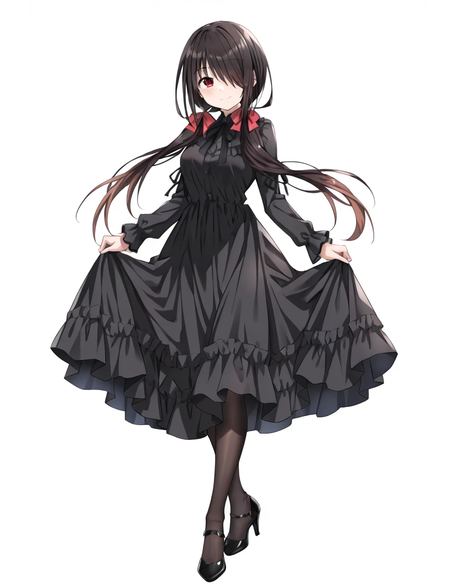 Volumetric Lighting, (masterpiece), (best quality), (ultra-detailed), masterpiece, source_anime, score_9, score_8_up, score_7_up BREAK, illustration, disheveled hair, detailed eyes, perfect composition, moist skin, intricate details BREAK, light depth, detailed face, detailed fingers, BREAK, Kurumi,medium breast, hairstyle2, black hair, long hair, low twintails, hair over one eye, red eyes,BREAK, KurumiDate, date_dress, date_hair_bow, date_neck_ribbon, date_pantyhose BREAK, (((simple background, white background))), looking at viewer,smile, high heels, full body, 1girl, solo, skirt hold