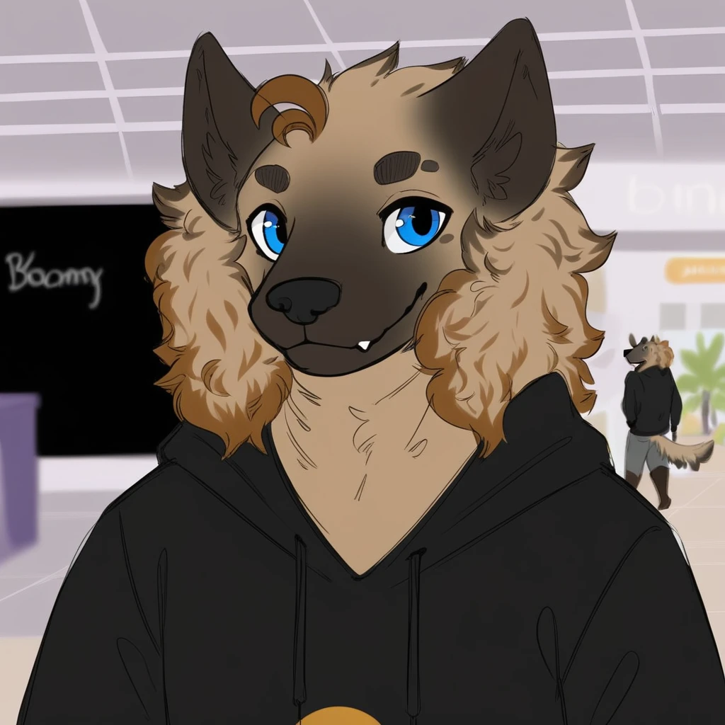 Bailey(Character), furry, dog, male, Solo, casual clothing, upper body, inside, at the mall, smile, hoodie, blue eyes
