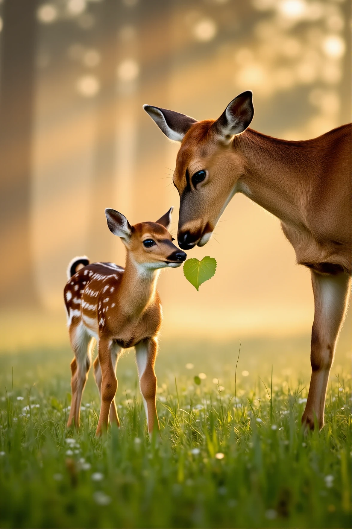 In a misty morning meadow, a young fawn stands beside its mother, holding a tiny, heart-shaped leaf between its lips. The mother lowers her head, gently nuzzling her little one. Soft, golden sunlight filters through the trees, casting a warm glow over the dewdrop-covered grass.
<lora:paws-and-hearts-flux:1>