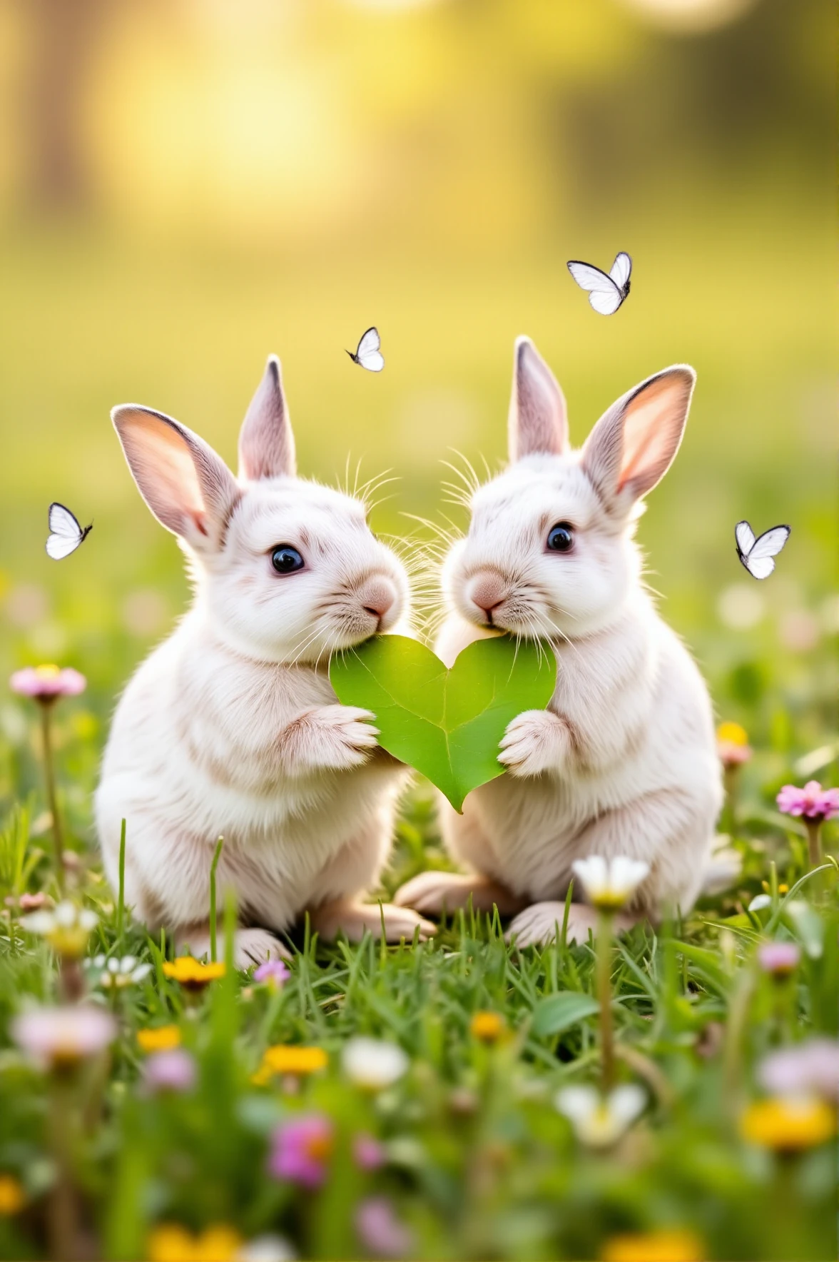 A tiny, soft white rabbit sits in a field of wildflowers, nibbling a fresh green leaf into a heart-shaped form. Another bunny watches, nose twitching, as delicate butterfly wings flutter around them. The late afternoon sunlight casts a golden glow, making the scene feel warm and cozy.
<lora:paws-and-hearts-flux:1>