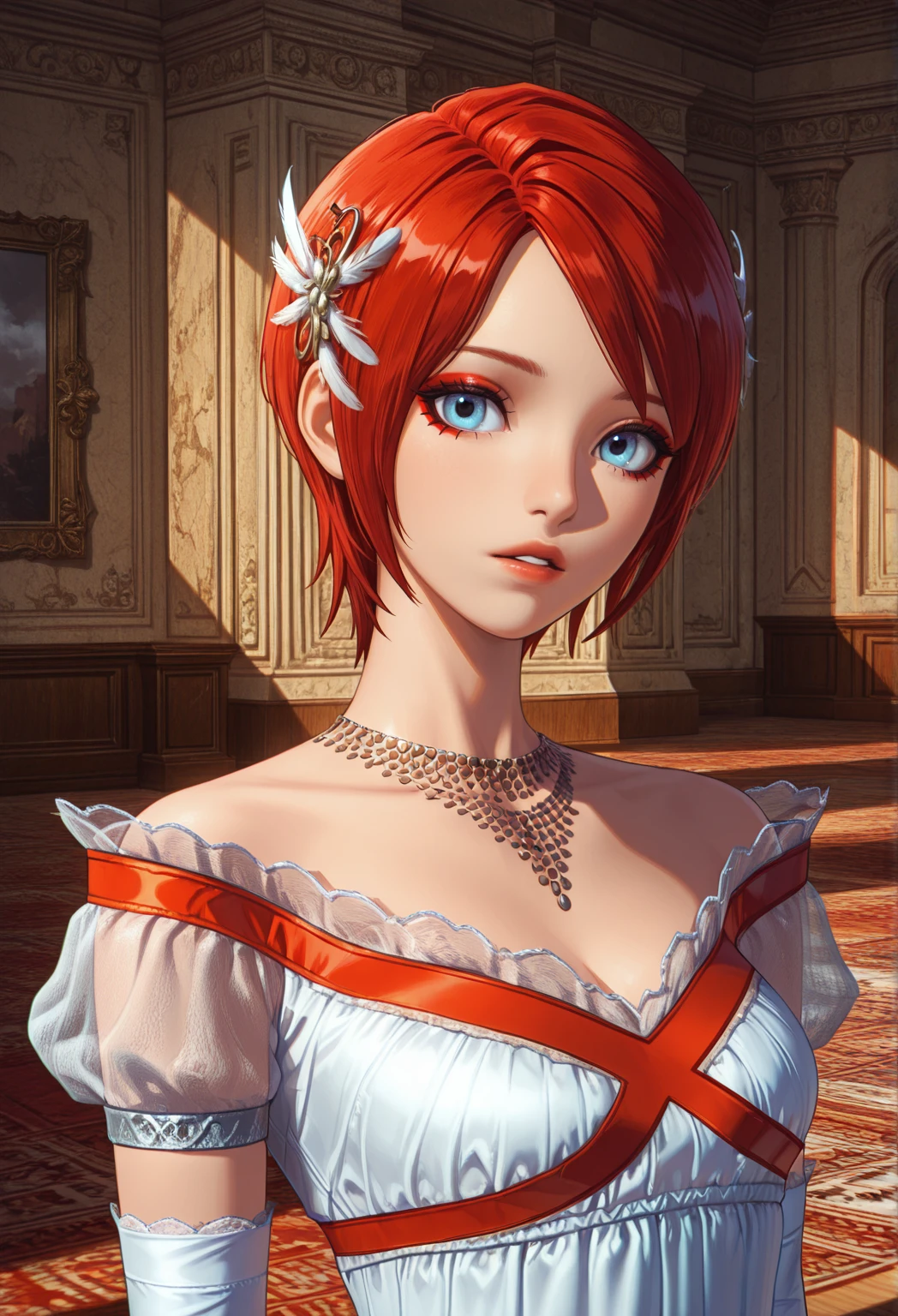 ((masterpiece)), (((best quality))), chromatic lighting,
colorized, red + white limited color palette,
detailed concept drawing, in a private room, negligee,
portrait, 20yo 1girl, blue sky, medium soft breasts, slender, green, long red hair, blue eyes, smiling