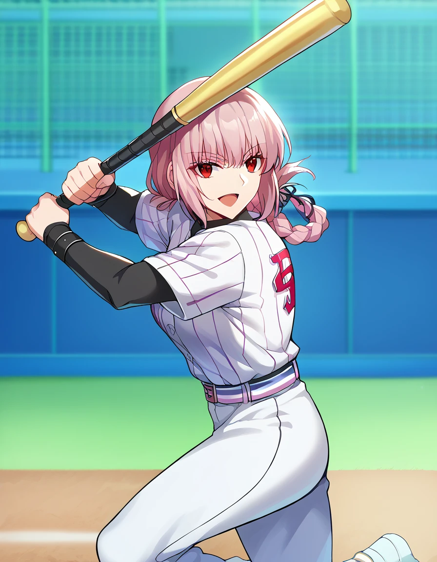 score_9, score_8_up, score_7_up, source_anime, <lora:florence-nightingale-ponyxl-lora-nochekaiser:1>, florence nightingale, pink hair, long hair, red eyes, hair braid, sidelocks, folded ponytail, single braid, braid, braided ponytail, large breasts, <lora:batting-stance-ponyxl-lora-nochekaiser:1>, batting stance, looking at viewer, smile, open mouth, baseball bat, holding baseball bat, <lora:baseball-uniform-ponyxl-lora-nochekaiser:1> baseball uniform, baseball, striped belt, shirt under shirt, sportswear, ribbed shirt, baseball helmet, baseball bat, baseball jersey, baseball field,,
