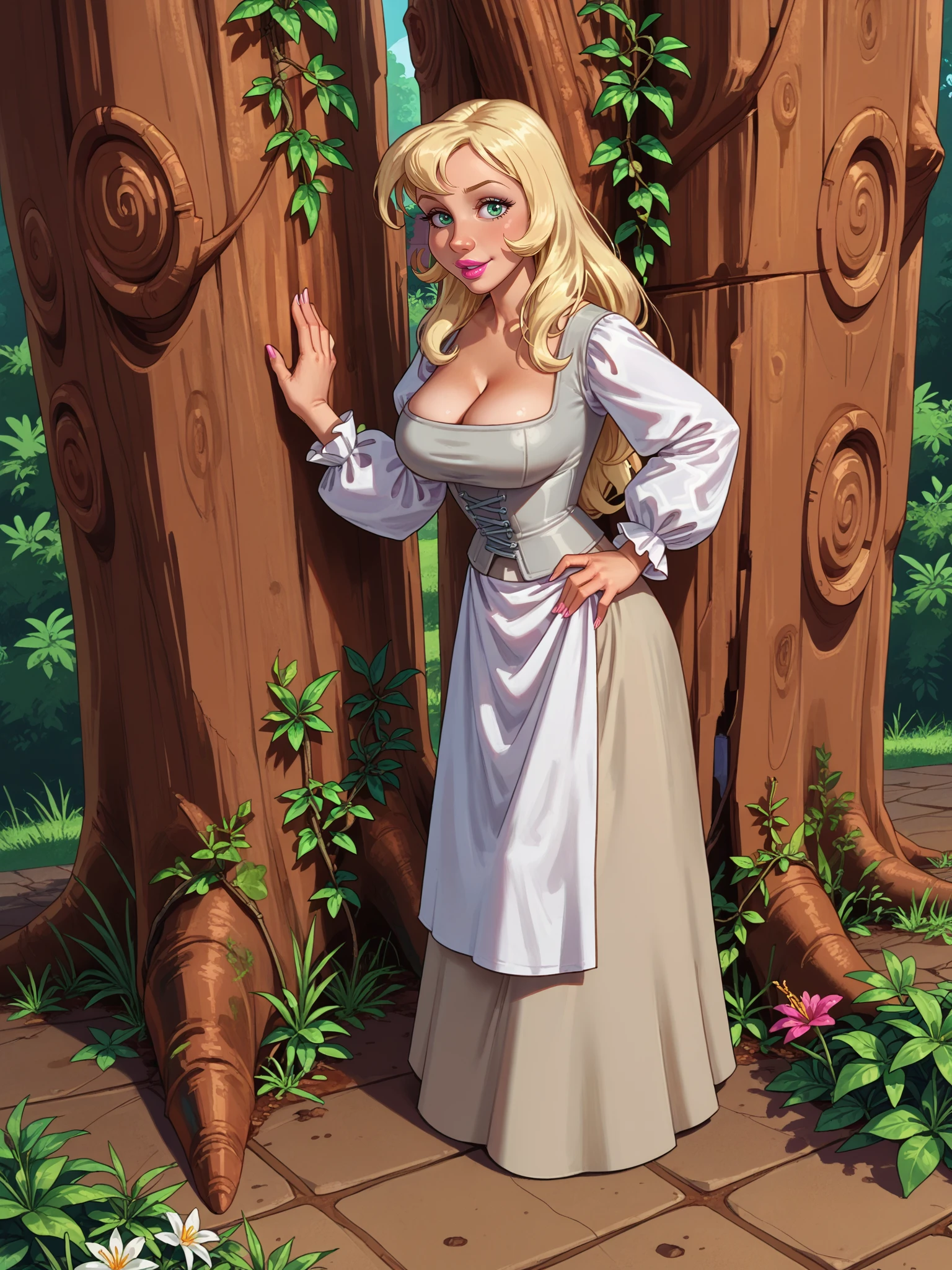 <lora:Artist_Style_-_LilBoots_PDXL:1> lilboots-dh, score_9, score_8_up, score_7_up, score_6_up,
<lora:Snow_White_-_Simsala_Grimm_-_Snow_White_and_Red_Rose:0.8> swhite-simgrim, 1girl, solo, blonde hair, long hair, green eyes, lipstick, tan skirt, apron, white shirt, puffy sleeves, grey corset, large breasts, cleavage, full body, leaning against tree, naughty face