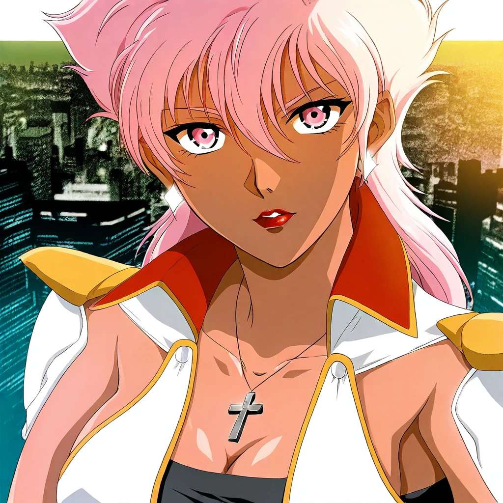 masterpiece, best quality,source_anime,Illia ,dark skin,pink twintail hairstyle, pink eyes, red lips, cross necklace, ear accessory, wrister,fingerless gloves,casual clothing,upper body,city view, street background