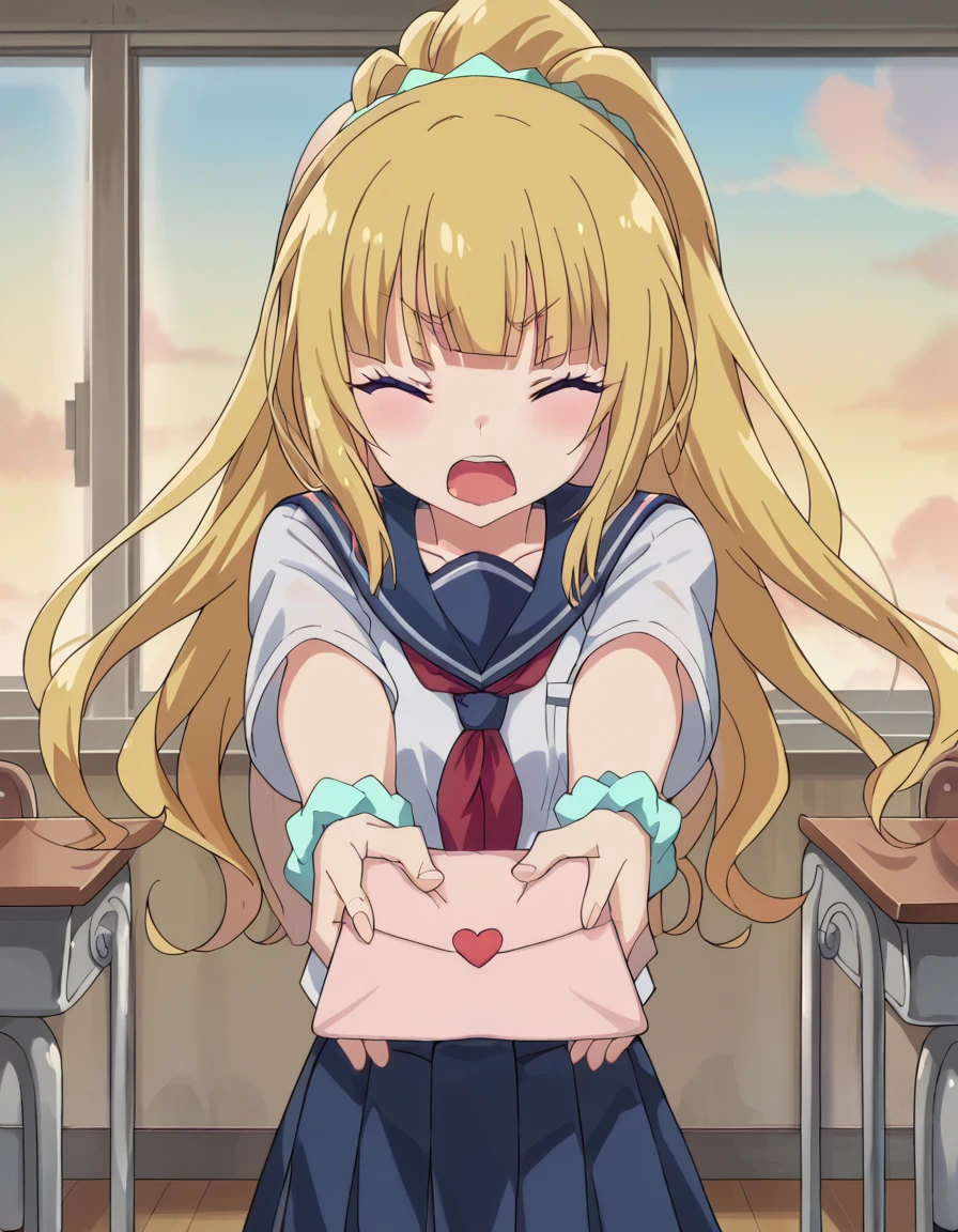 score_9, score_8_up, score_7_up, source_anime, <lora:kei-karuizawa-anime-s2-ponyxl-lora-nochekaiser:1>, kei karuizawa, long hair, bangs, blunt bangs, purple eyes, blonde hair, hair ornament, ponytail, scrunchie, blue scrunchie, medium breasts, anime screencap, <lora:love-letter-ponyxl-lora-nochekaiser:1>, love letter, heart, valentine, letter, confession, incoming gift, outstretched arms, closed eyes, shouting, classroom, serafuku, school uniform, white shirt, blue sailor collar, blue skirt, pleated skirt, short sleeves, neckerchief, red neckerchief,