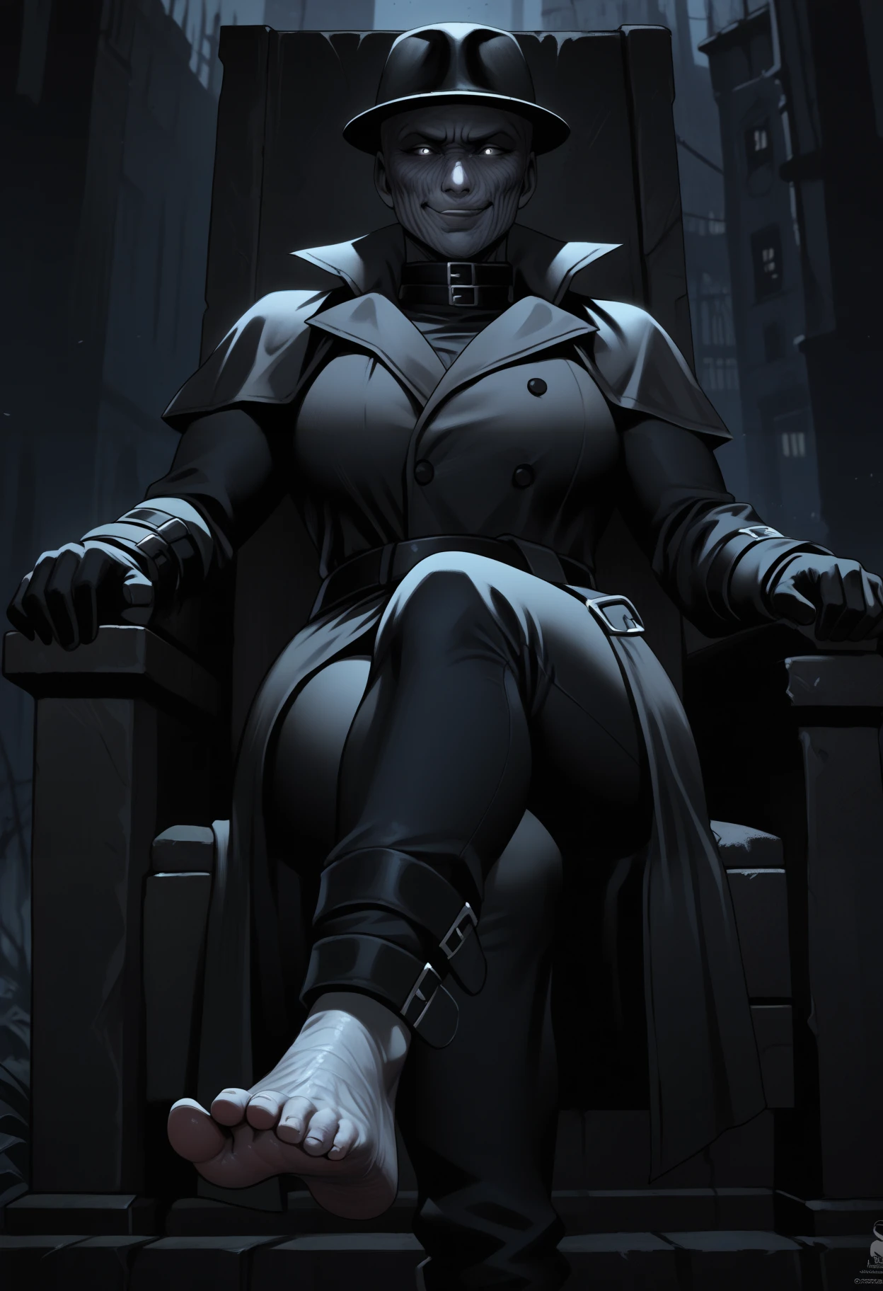 masterpiece, best quality, newest, hdr, dark, night, outdoors, 1girl, solo, xg0g1ty, grey eyes, grey skin, bald, wrinkled skin, black fedora, belt collar, black coat, long coat, buttons, black shirt, arm belt, black gloves, black belt, black pants, leg belt, sitting on throne, barefoot, foot focus, crossed legs, looking at viewer, smug, grin, closed mouth, thick thighs, 
<lora:Mr. x Illustrious:1>