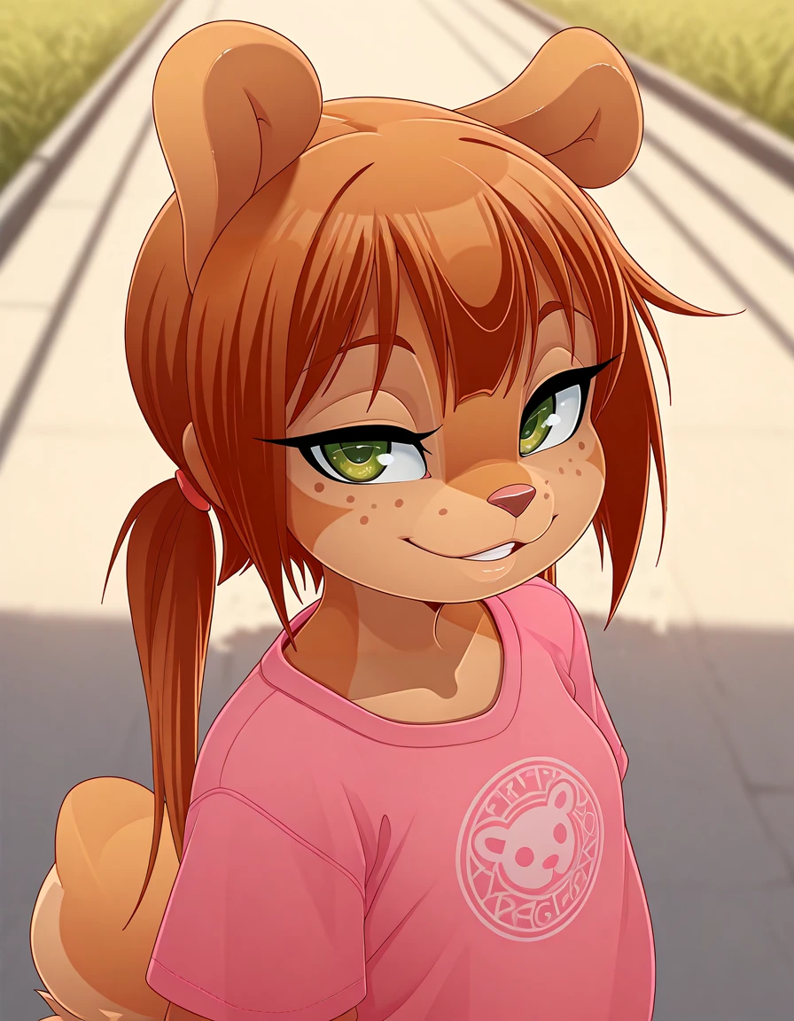 masterpiece, best quality,
outdoors,
upper body, face focus,seductive smile,long eyelashes,parted lips,teeth, pink shirt,
<lora:Rocketgirl_v01_ILXL:1>,
Rocketgirl, 1girl, solo, animal ears, furry female, tail, brown hair, long hair, green eyes, bangs,freckles, brown fur,full body, sidelocks, twintails, two-tone fur,