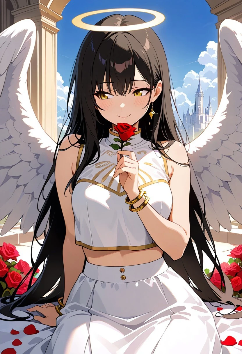 rating_explicit,flat colors, masterpiece, best quality, amazing quality, 1girl, solo, black hair, gold eyes, portrait shot, long hair, cute look, beautiful blue sky background, marble castle, golden angel halo, gold bangles, gold heart waist chain, white silk sleeveless cropped top, midriff, high waisted short white silk skirt with a gold trim, ((large:1.5) white angel wings:1.4), falling rose petals, roses cover the ground, roses cover the background, sitting on a white marble castle balcony, large fluffy clouds, portrait shot, looking to the side, shy smile, holding a rose