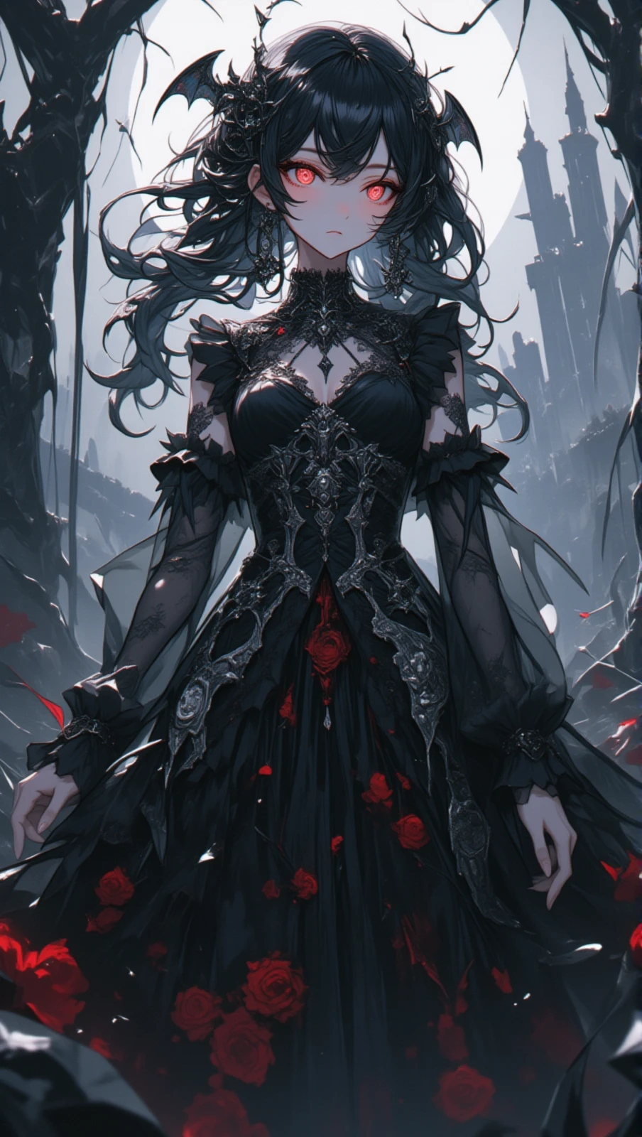 master part,best quality,ultra-detalhado,photoRealistic,Realistic,fotografia,1girl,sozinho,coroa,Brincos,Pearls and jewelry,corpo inteiro,unhas longas,vestido preto,pernas de aranha,tema de terror,medo,Sinophobia,Noite,lua,