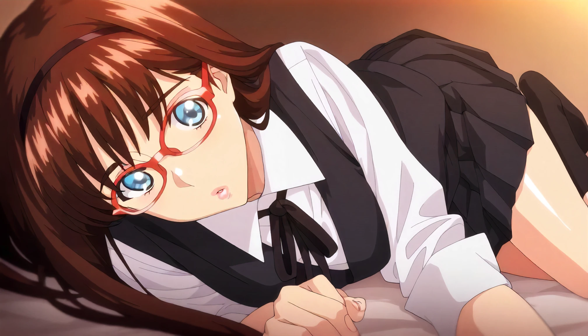 <lora:MnM_kawashima_hitomiXLIllustrious001>,
masterpiece,best quality,good quality,newest,
glitter,
parted lips,
looking at viewer,
solo,
anime coloring,
kawashima_hitomi\(megane_no_megami\),1girl,brown hair,long hair,hair band,blue eyes,pink lips,red-framed_eyewear,
white shirt,collared_shirt,black vest,black ribbon tie,pleated_skirt,black skirt,black socks,
on back,lying,