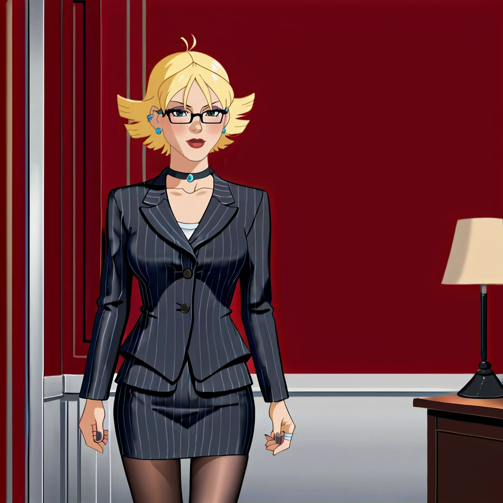 <lora:BoomBoom_pony_v1:0.9>  Tabitha, 1girl, blonde hair, short hair,  makeup, cowboy shot,  <lora:0856 OL professional suit skirt 1_v1_pony:1> ruanyi0856,striped jacket,choker,black pantyhose,striped skirt,glasses,black skirt,pinstripe pattern