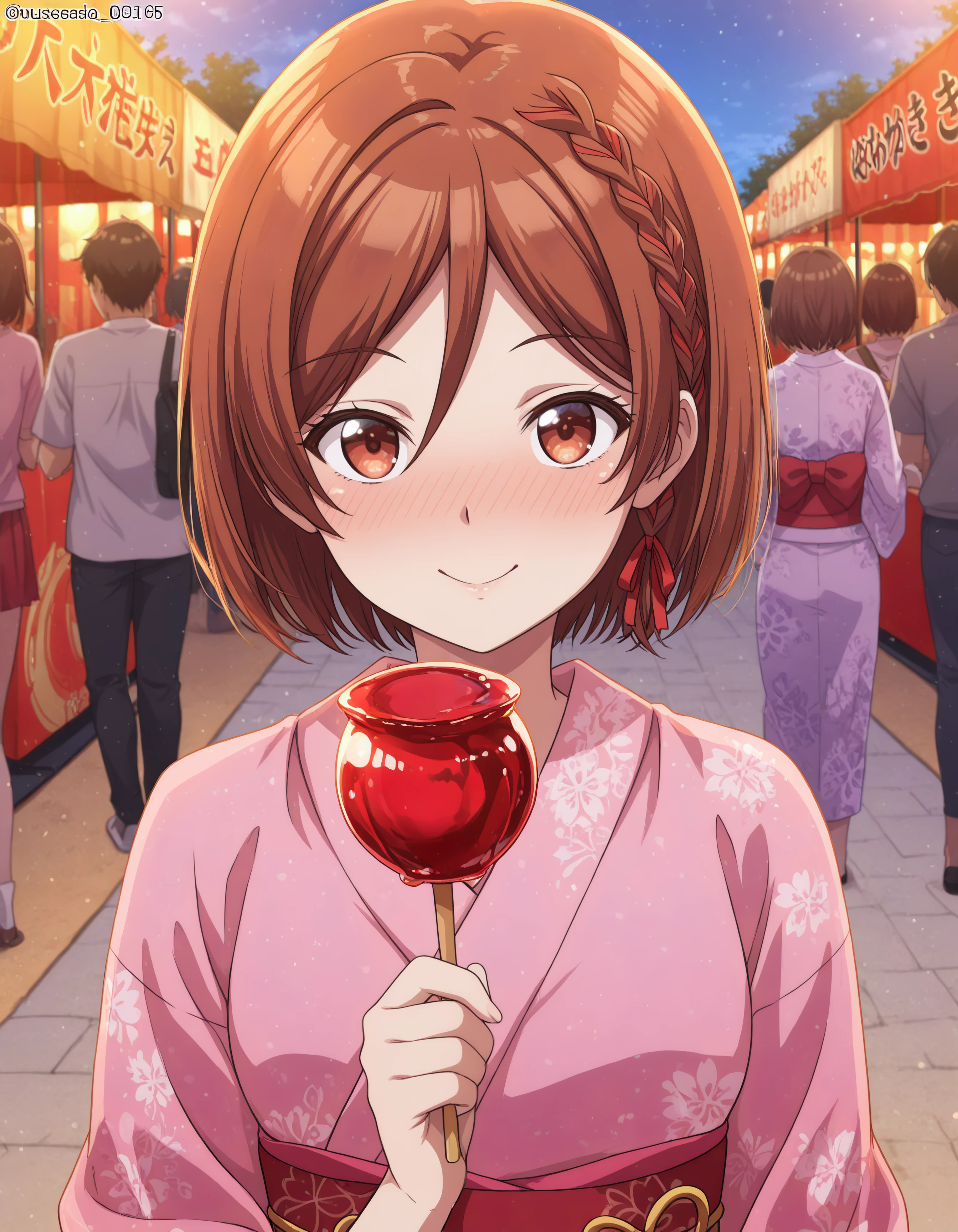 1girl, brown eyes, akanesak, curvy, short brown hair, looking_at_viewer, looking_at_viewer, blush, smile, short_hair, bangs, brown_hair, red_eyes, ribbon, holding, hair_between_eyes, closed_mouth, hair_ribbon, upper_body, braid, food, japanese_clothes, kimono, twitter_username, blurry, dated, red_ribbon, sash, depth_of_field, blurry_background, obi, floral_print, holding_food, side_braid, yukata, print_kimono, pink_kimono, candy_apple, festival, incoming_food, summer_festival,
hdr, low contrast, masterpiece, best quality, absurdres, highres, perfect anatomy, anime style, anime screenshot, 8k wallpaper, ultra high quality, extremely detailed cg, perfect lighting, (sharp image)