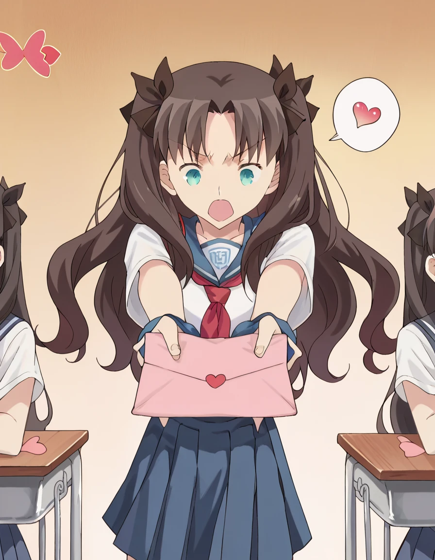 score_9, score_8_up, score_7_up, source_anime, <lora:rin-tohsaka-emiyachi-ponyxl-lora-nochekaiser:1>, rin tohsaka, long hair, blue eyes, black hair, ribbon, hair ribbon, two side up, medium breasts, anime screencap, <lora:love-letter-ponyxl-lora-nochekaiser:1>, love letter, heart, valentine, letter, confession, incoming gift, outstretched arms, closed eyes, shouting, classroom, serafuku, school uniform, white shirt, blue sailor collar, blue skirt, pleated skirt, short sleeves, neckerchief, red neckerchief,