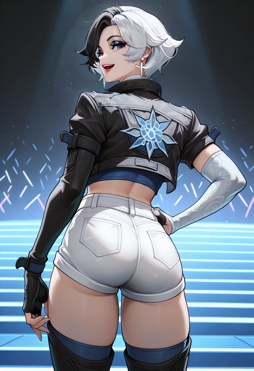 masterpiece, best quality, newest, absurdres, highres, , <lora:RivalsLunaSnow-000011:0.9> LNSWRVLS, short hair, two-tone hair, makeup, black hair, white hair, eyeshadow, earrings, white choker, cropped jacket, looking back, back, from behind, asymmetrical sleeves, white shorts, fingerless gloves, thigh boots, multicolored clothes, concert, open mouth, smile, thighs, looking at viewer, cowboy shot, hand on own hip, blue eyes,