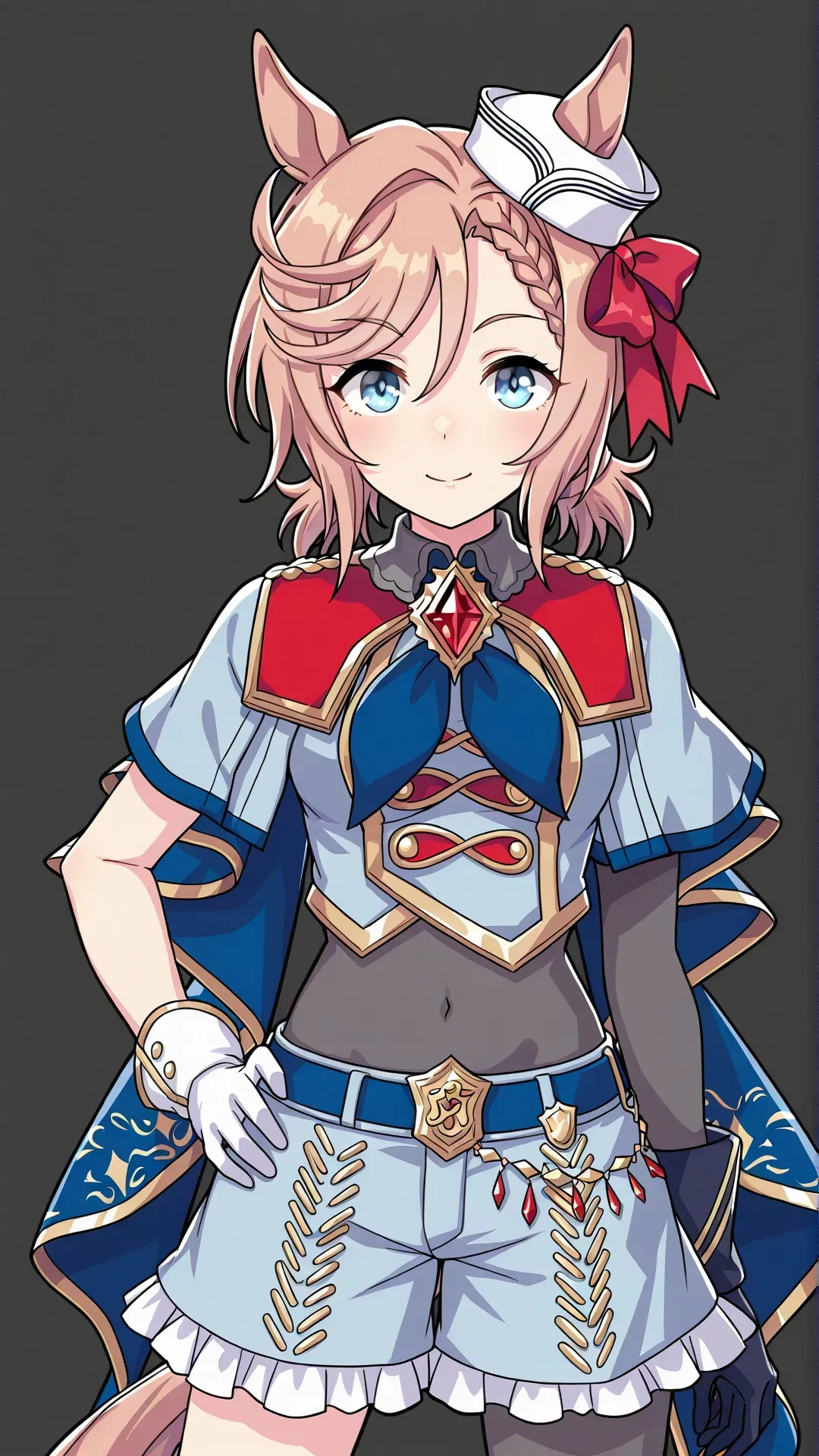 1girl,venus paques \(umamusume\),medium breasts,animal ears,horse ears,horse girl,blue eyes,hat,braid,horse tail,brown hair,hair between eyes,red ribbon,bangs,belt,braid,breasts,crop top,gloves,hat,skirt,white gloves,see-through sleeves,covered navel,blue ribbon,<lora:venus_paques:0.8>,official art,umamusume,