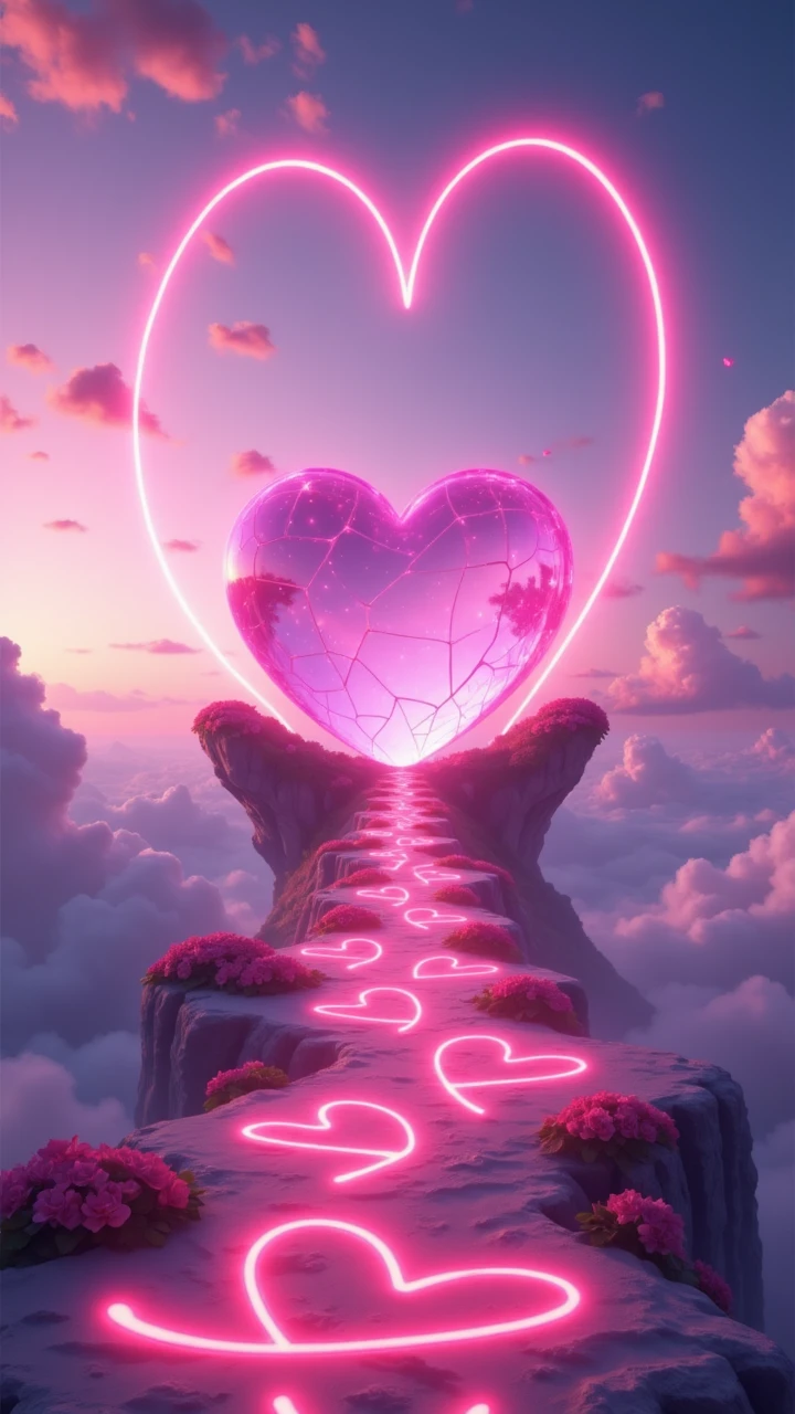 A surreal dreamscape where floating heart-shaped islands drift in a pink and purple sky. A staircase made of glowing love letters leads up to the largest island, where a giant crystal rose pulses like a beating heart. , aidmaLOVEboost