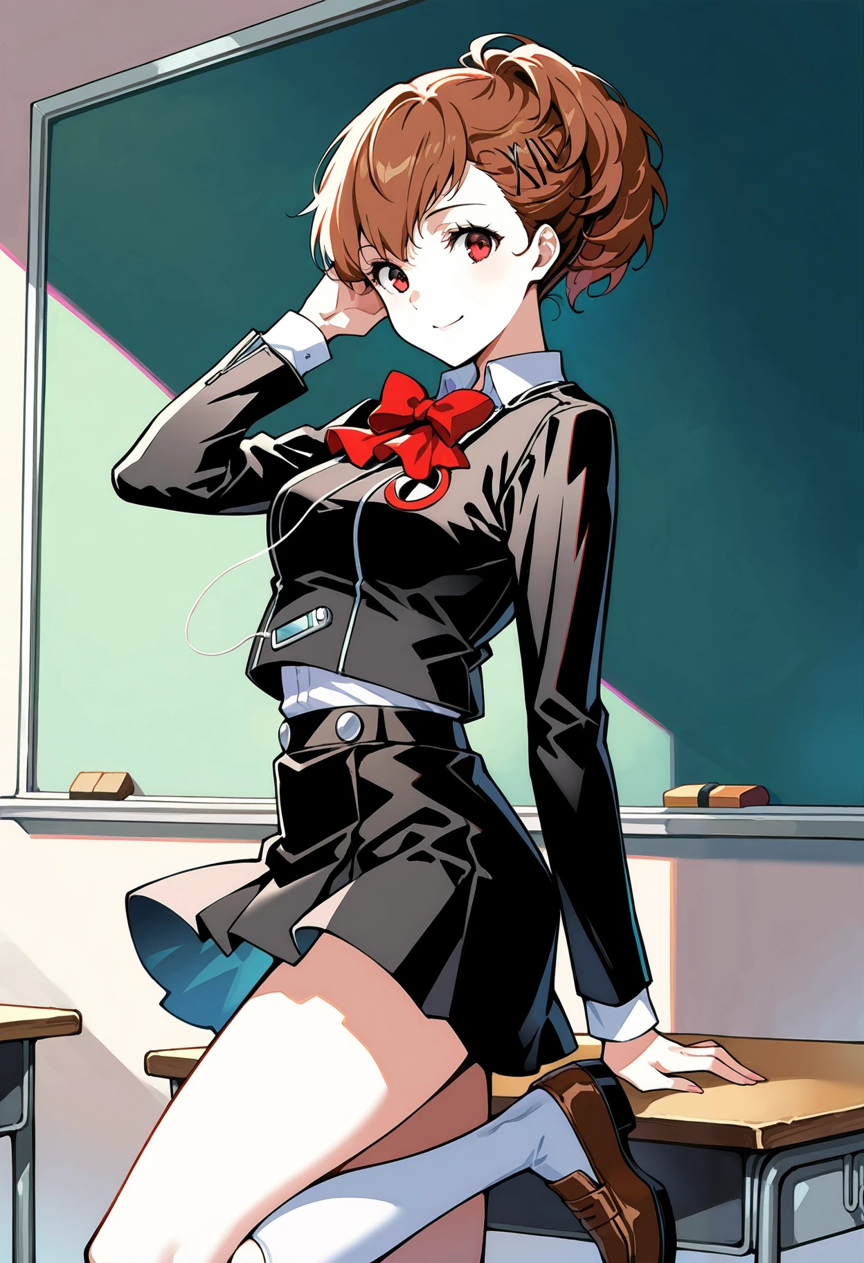 (masterwork, masterpiece, best quality, hyper-detailed :1.1),
1 girl, solo,
p3kotone, ponytail, shiomi kotone, brown hair, short hair, hair ornament, hairclip, headphones, digital media player,
p3kotone-winuni, gekkoukan high school uniform, skirt, jacket, black jacket, long sleeves, kneehighs, black skirt, red bow, white socks, brown footwear,
classroom, looking at viewer, smile, standing, cowboy shot, thighs, side view,