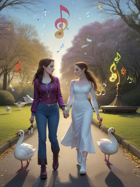 Surreal Cartoon Illustration by Lisa Frank,
(duo, two women), medium walking shot,
Once Upon A Time (Emma Swan:1.1) and (Bella Swan:1.1) walking side_by_side at an outdoor raver party with a (flock of swans) in the park at Twilight,
detailed (musical_notes, musical symbols:1.4) coming from speakers by the stage, Once Upon A Time TV Series and Twilight Saga Crossover,
