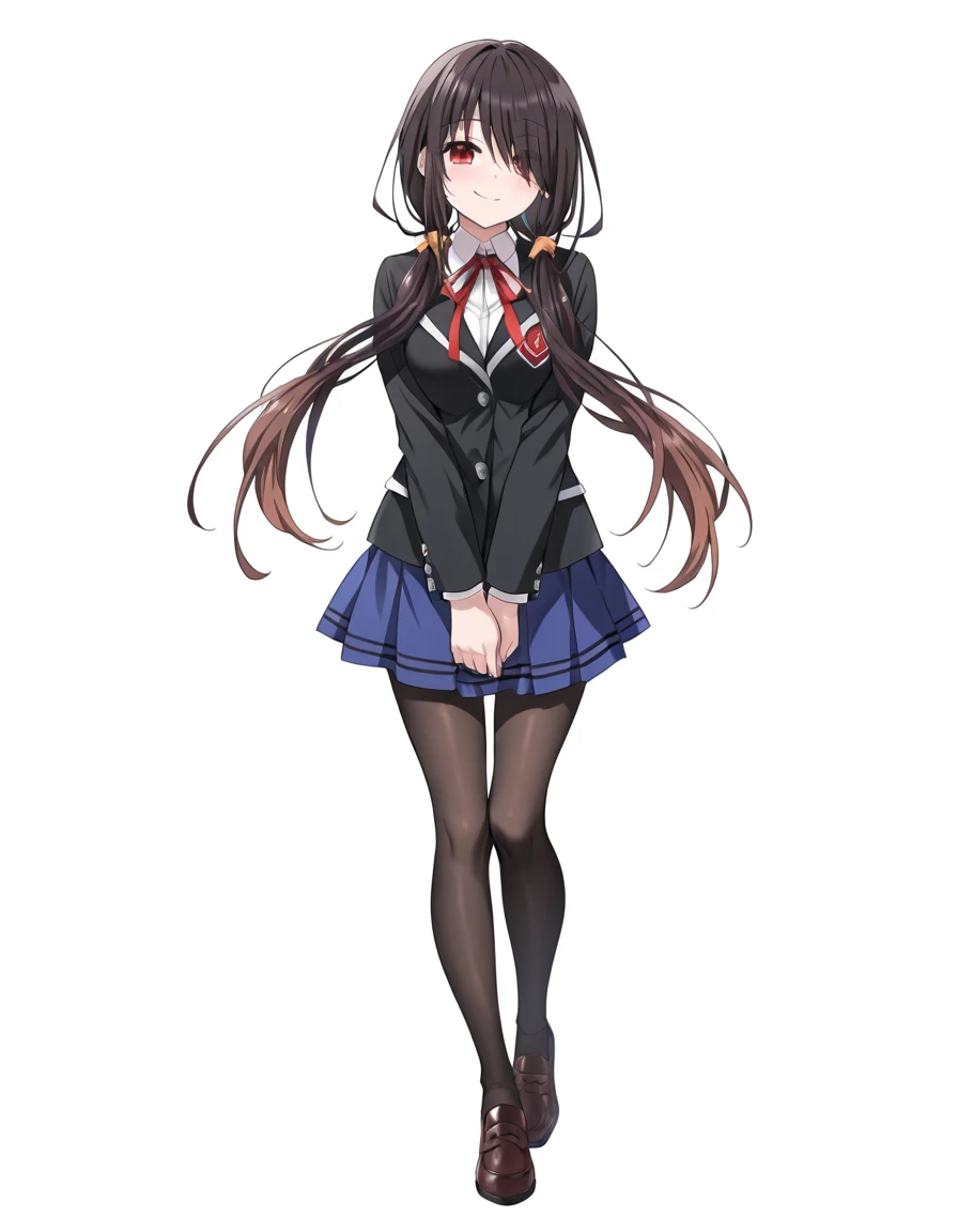 Volumetric Lighting, (masterpiece), (best quality), (ultra-detailed), masterpiece, source_anime, score_9, score_8_up, score_7_up BREAK, illustration, disheveled hair, detailed eyes, perfect composition, moist skin, intricate details BREAK, light depth, detailed face, detailed fingers, BREAK, Kurumi,medium breast, hairstyle2, black hair, long hair, low twintails, hair over one eye,red eyes, BREAK, KurumiSchool, scl_blazer, scl_skirt, scl_neck_ribbon, scl_shirt, scl_pantyhose, loafers,BREAK, (((simple background, white background))), looking at viewer,smile, v arms,1girl, solo,standing