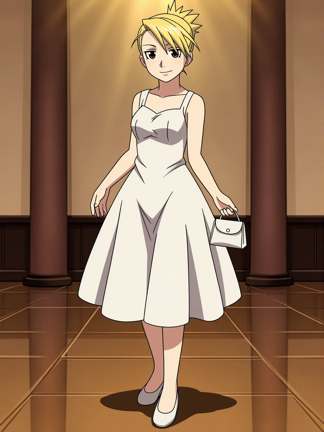 Anime scene of a woman standing in a fancy ballroom. She is wearing a white dress. Her spiky blonde hair is styled in a bun. She has a warm smile on her face. She is alone. She is wearing white ballet shoes. She is holding a small white purse. Masterpiece.